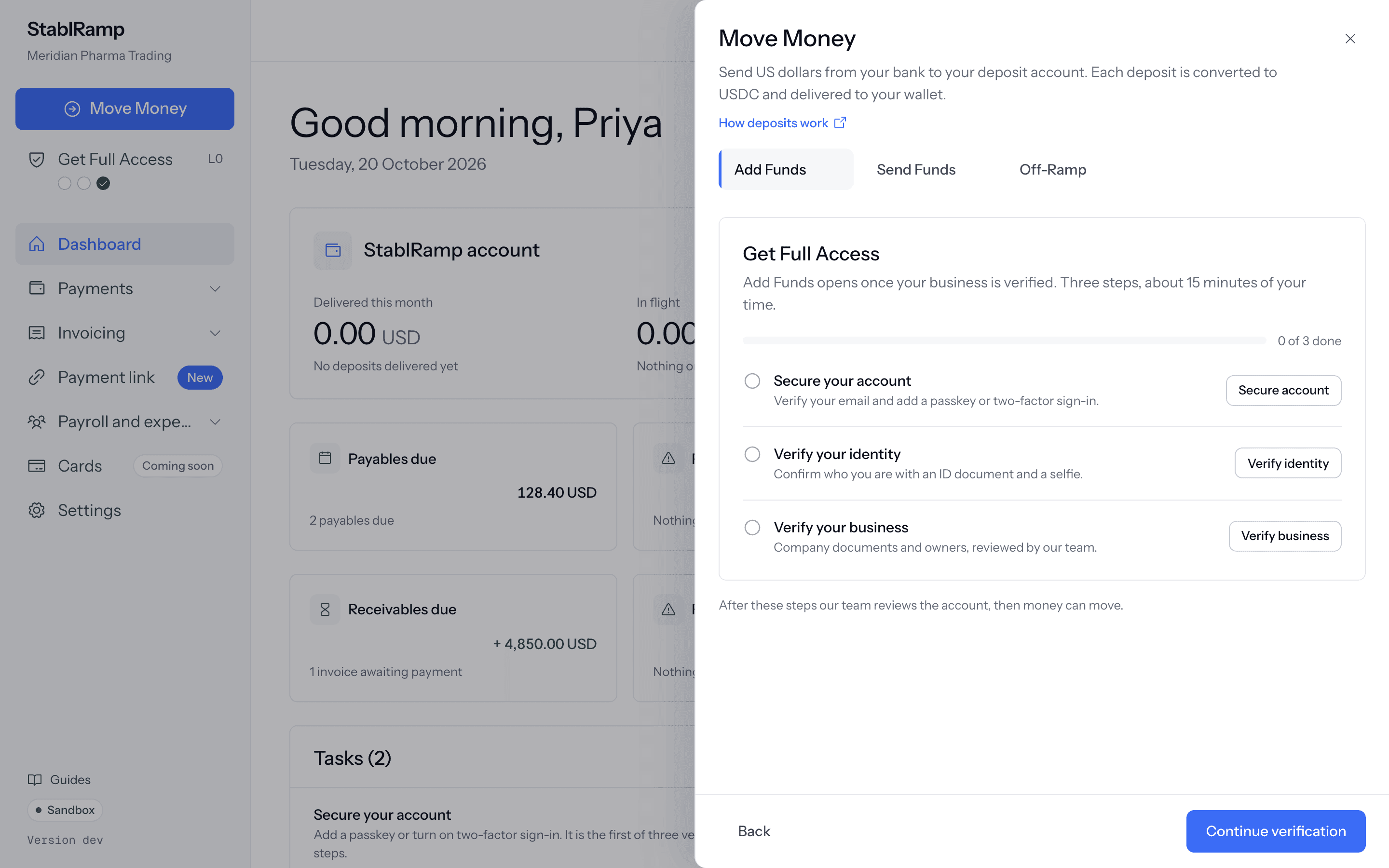 The Add Funds tab of the Move Money drawer in its locked state, showing the three Get Full Access steps and a Continue verification button.