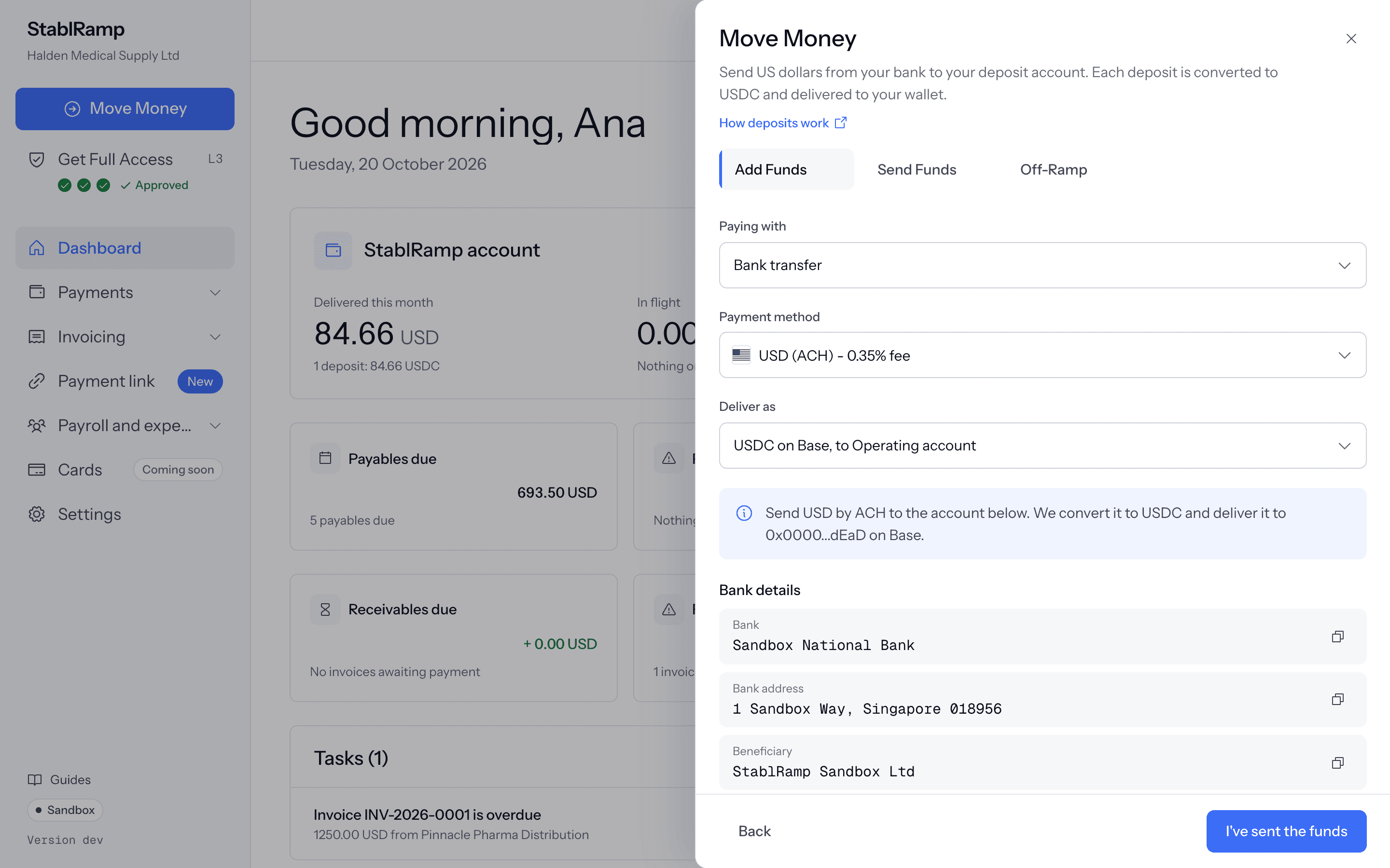 The Add Funds tab with an active account: payment method and deliver as selects, the bank details, and the amount you sent field.