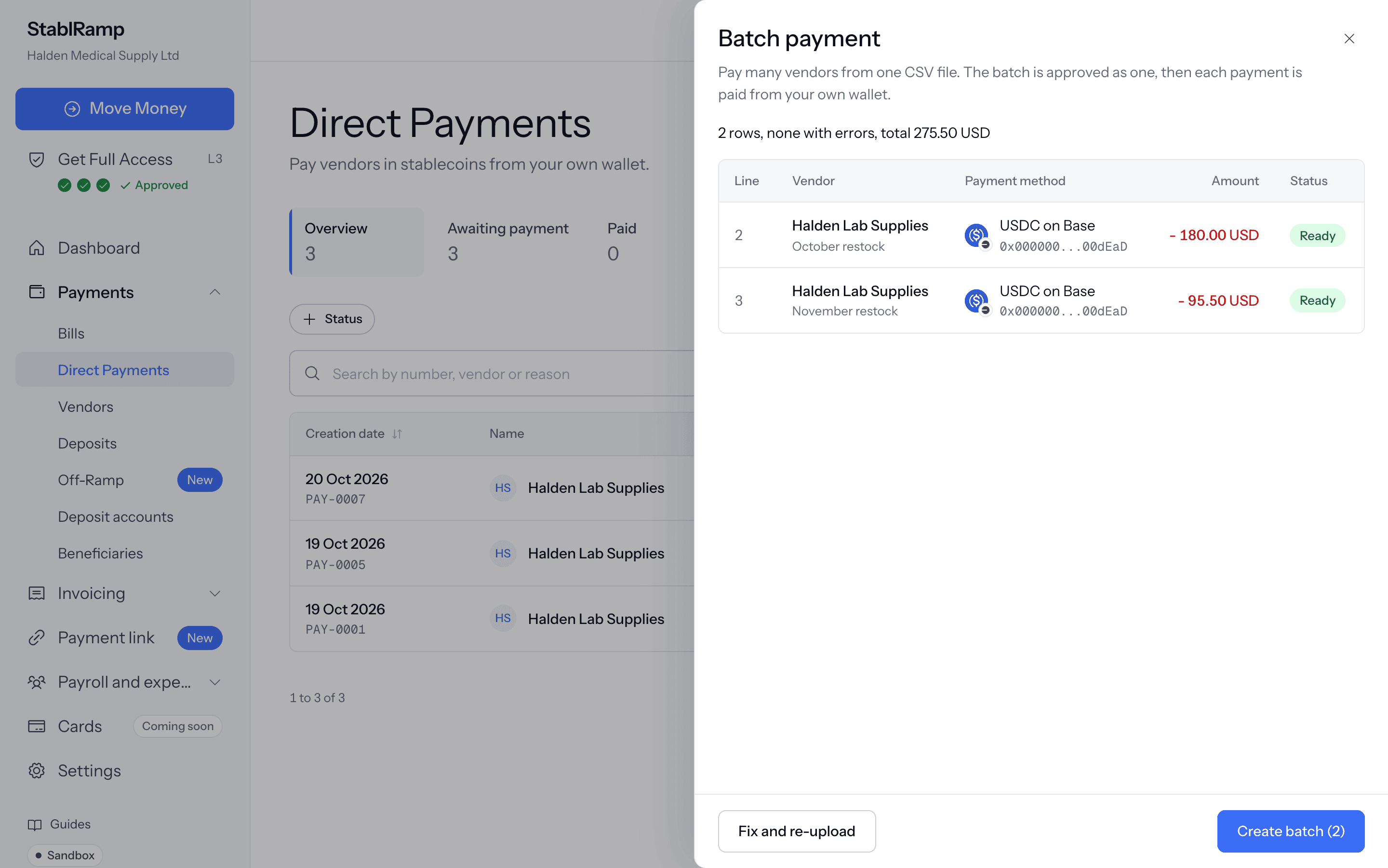 The batch upload preview listing two rows with their vendor, payment method, amount and status, above a Create batch button.