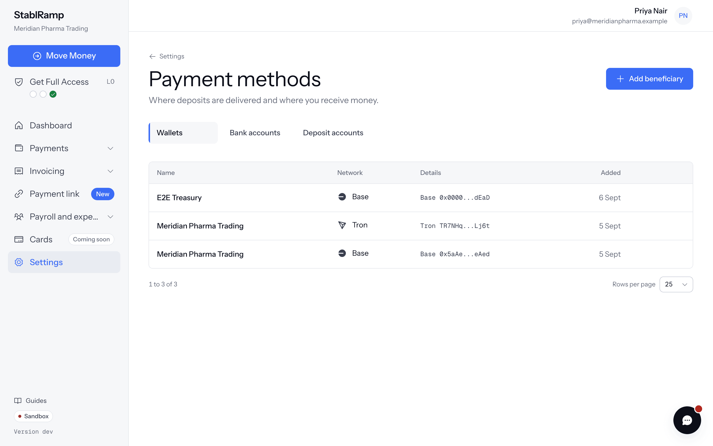 The Wallets tab of the Payment methods settings page, listing saved wallets with name, type, address, network, and date added.