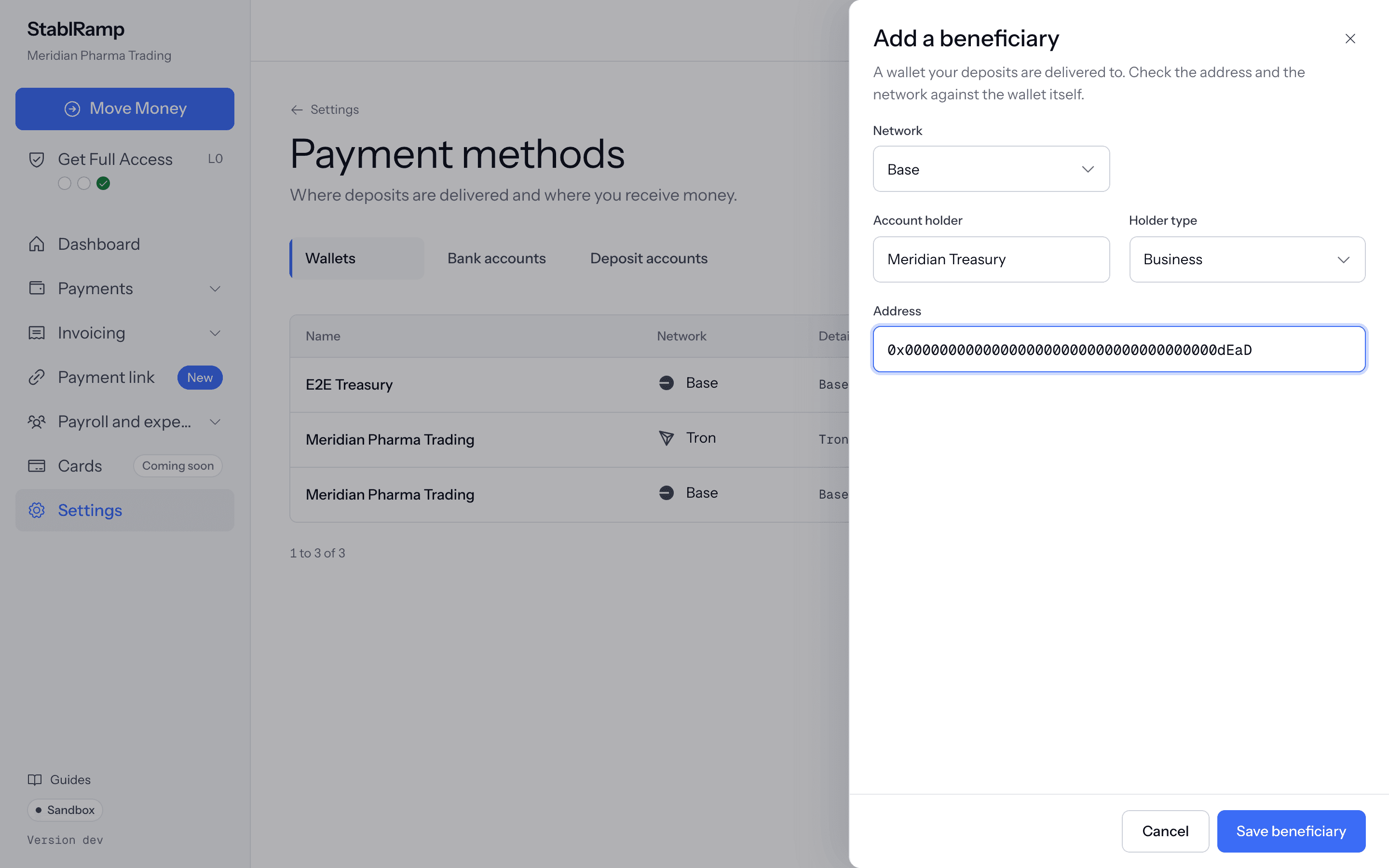 The add beneficiary form with a Network select, account holder, holder type and address fields.