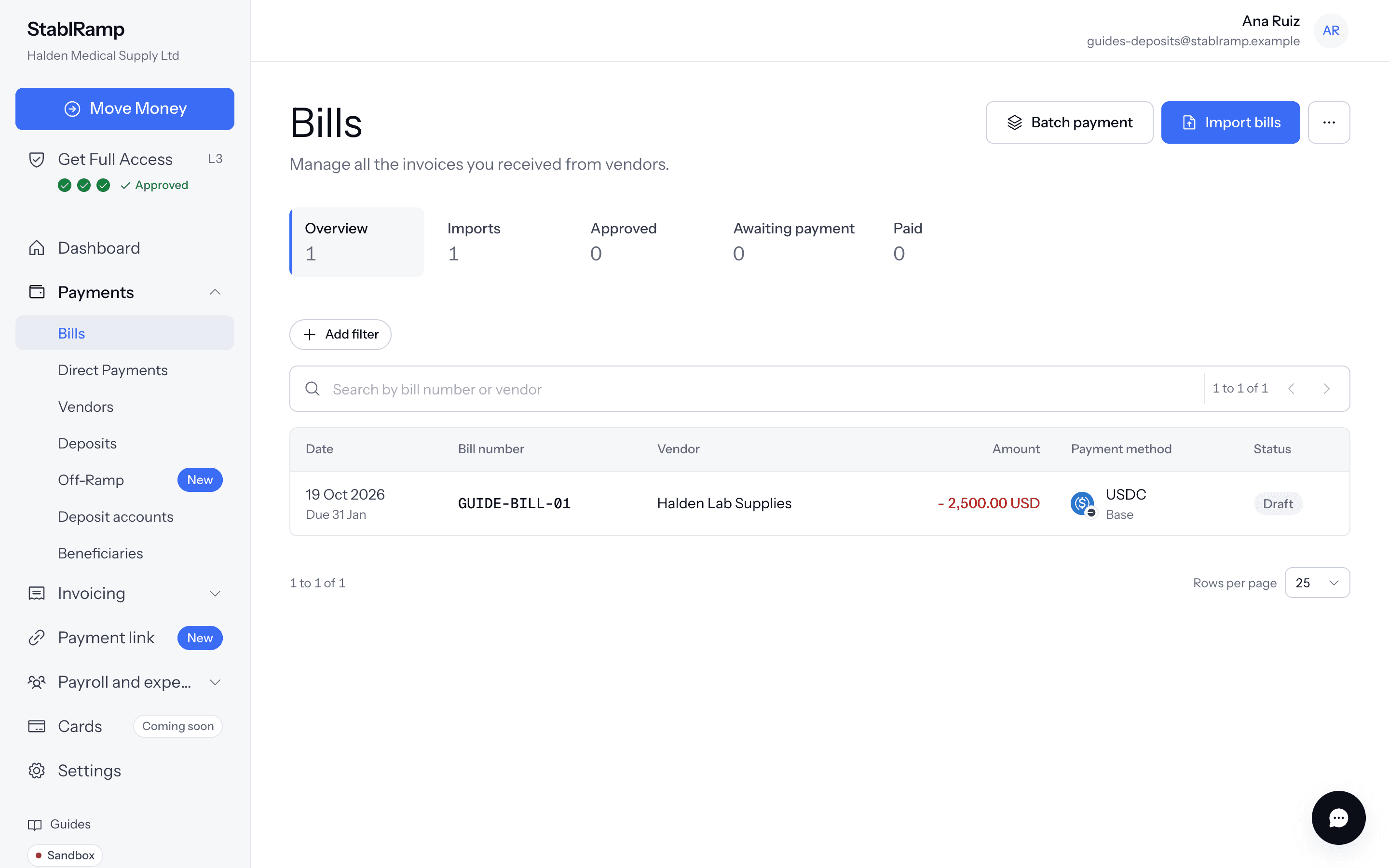 The Bills list with columns for date, bill number, vendor, amount, payment method and status.