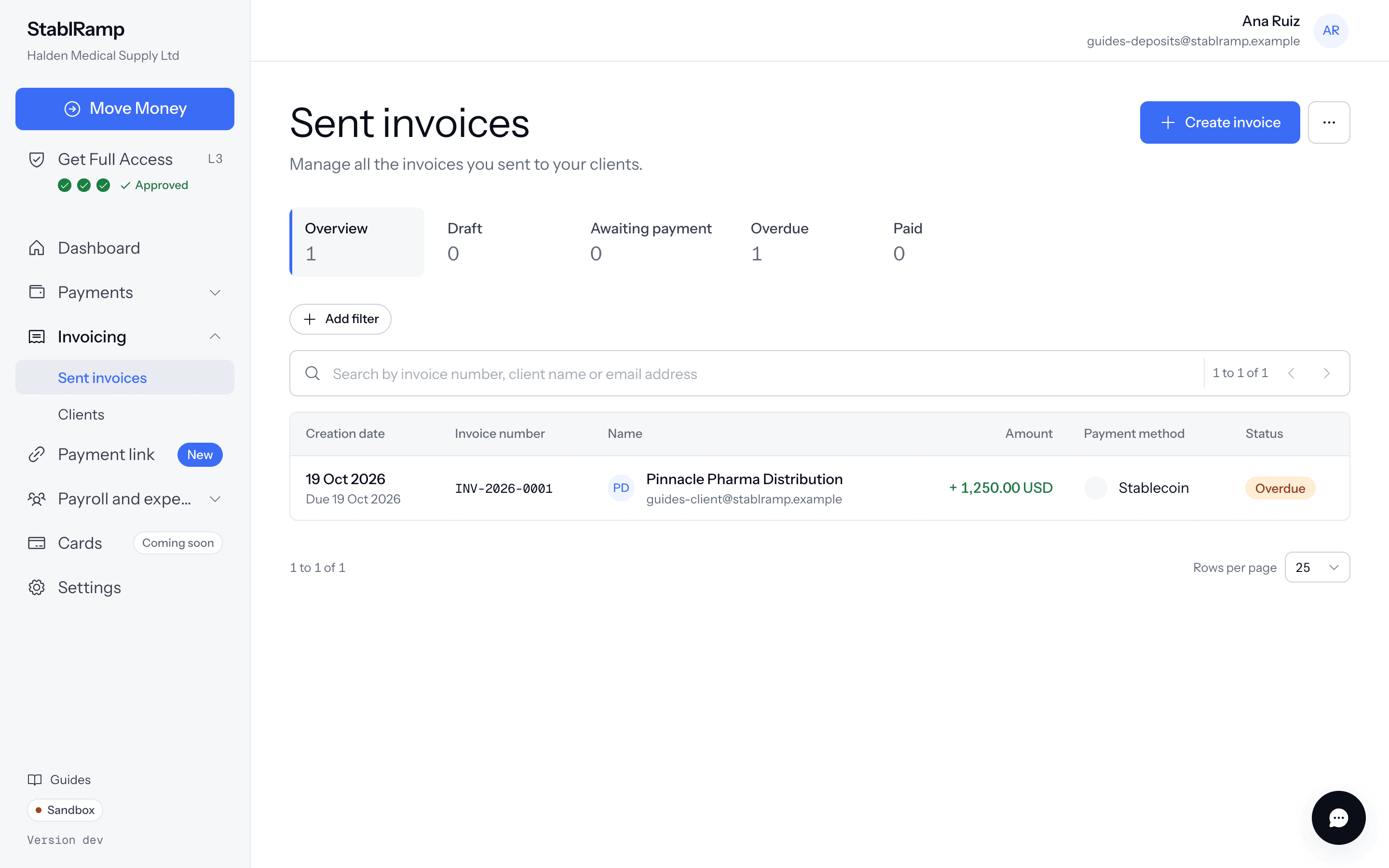 The Sent invoices list with columns for creation date, invoice number, name, amount, payment method and status.
