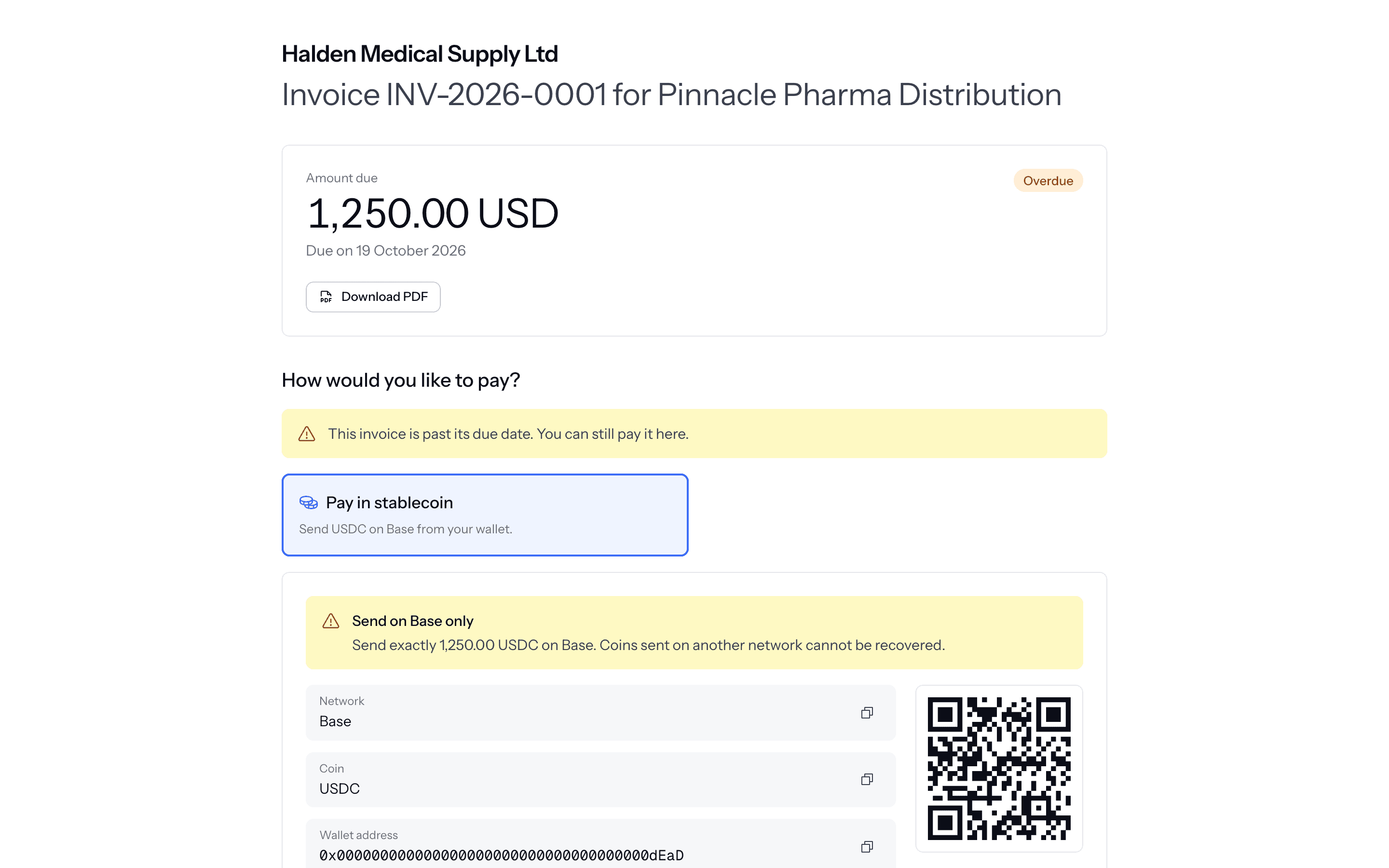 The public pay page for a stablecoin invoice, showing the wallet address, a QR code and the exact amount to send.