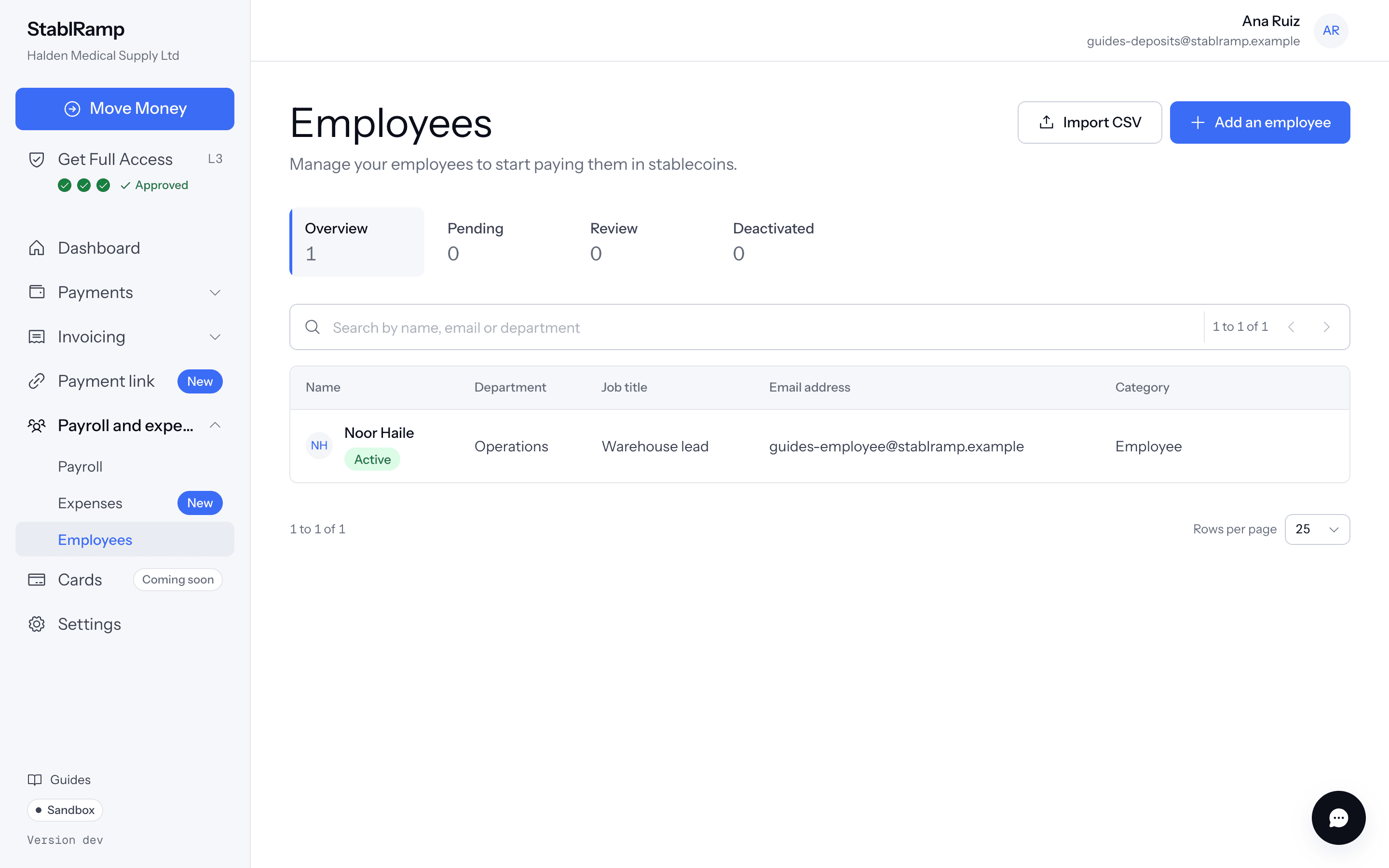 The Employees list with columns for name, department, job title, email address and category, tabbed by Overview, Pending, Review and Deactivated.