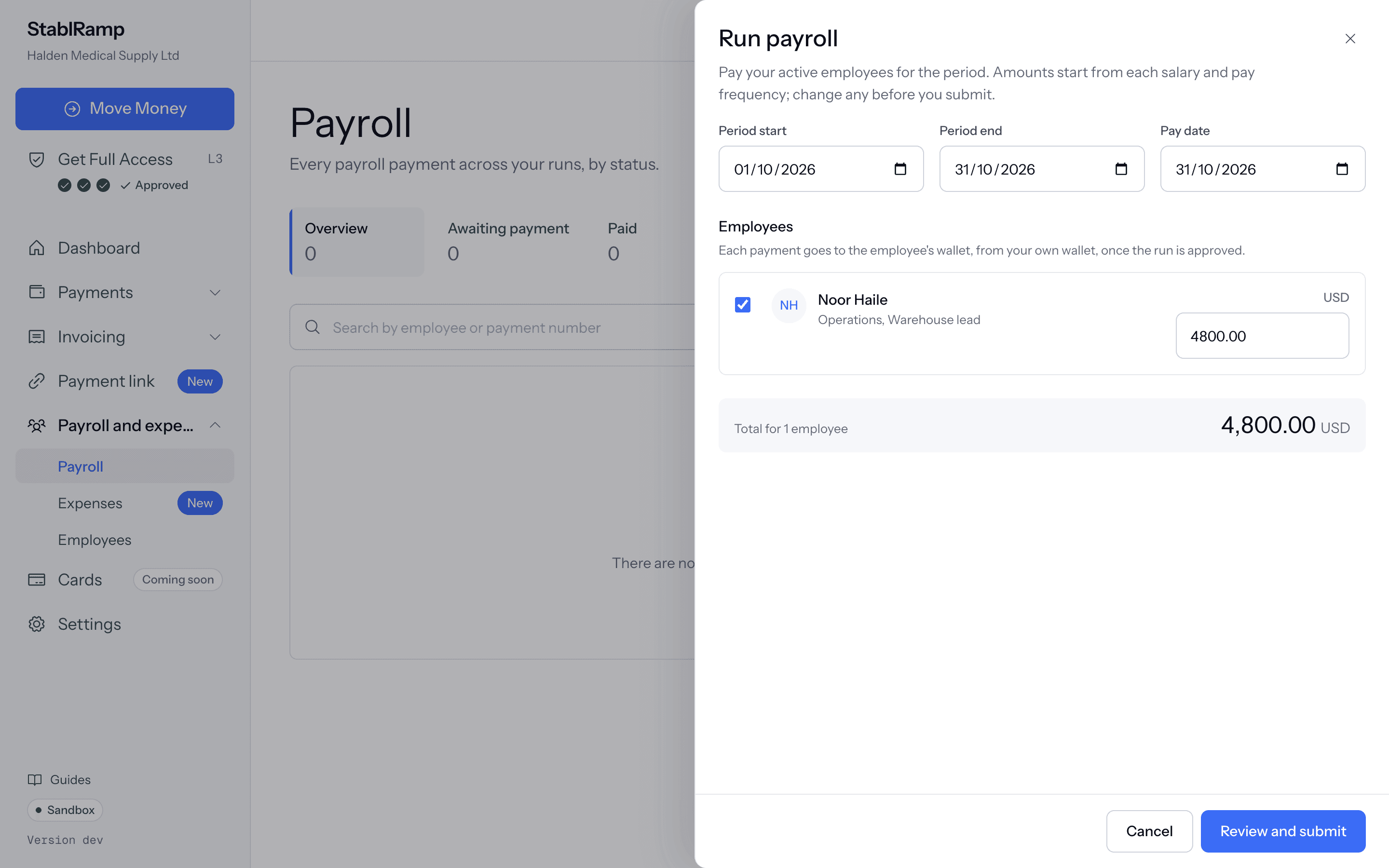 The Run payroll drawer with the period, the pay date, a row per active employee with an editable amount, and the run's total.