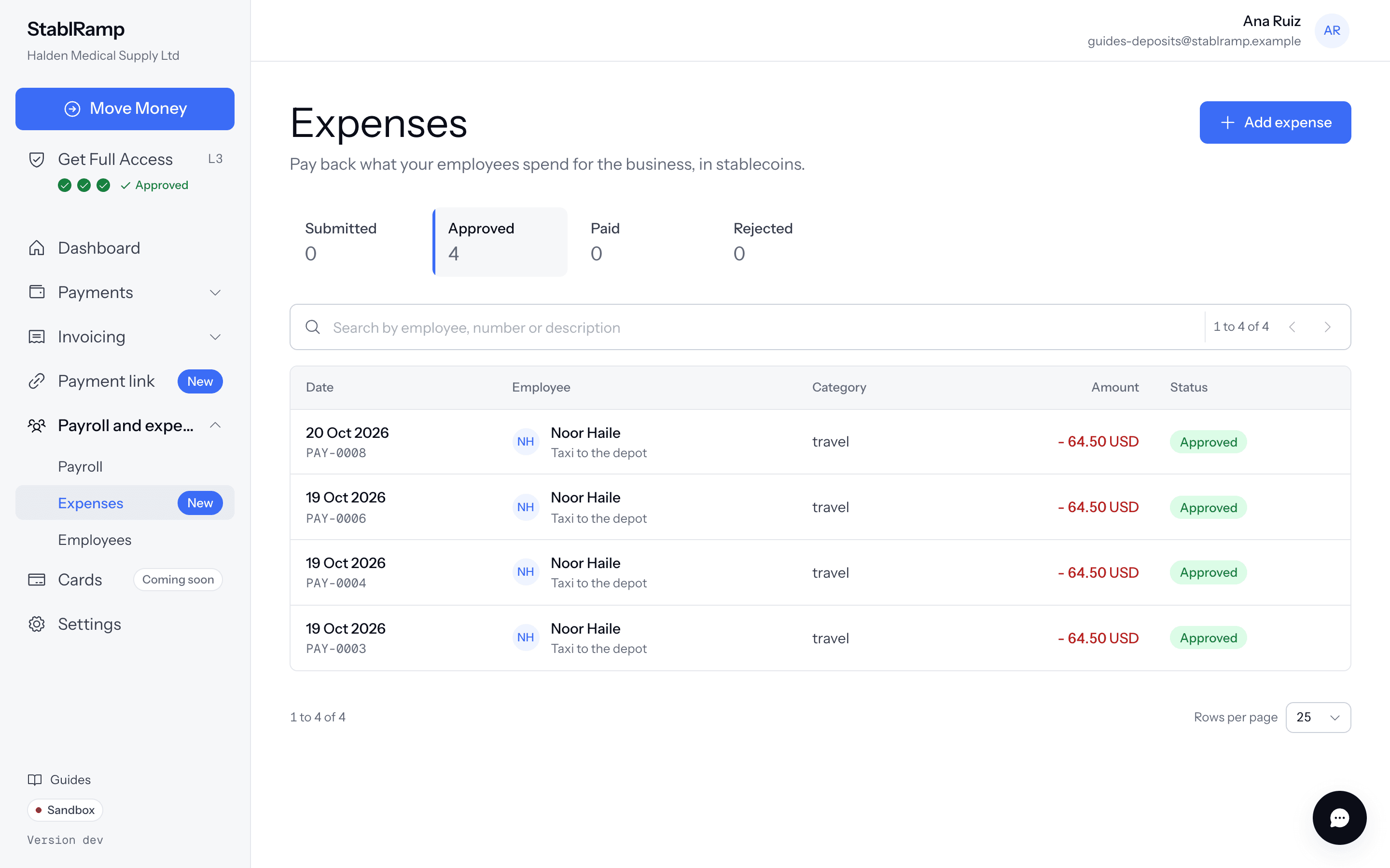 The Expenses list with columns for date, employee, category, amount and status, tabbed by Submitted, Approved, Paid and Rejected.