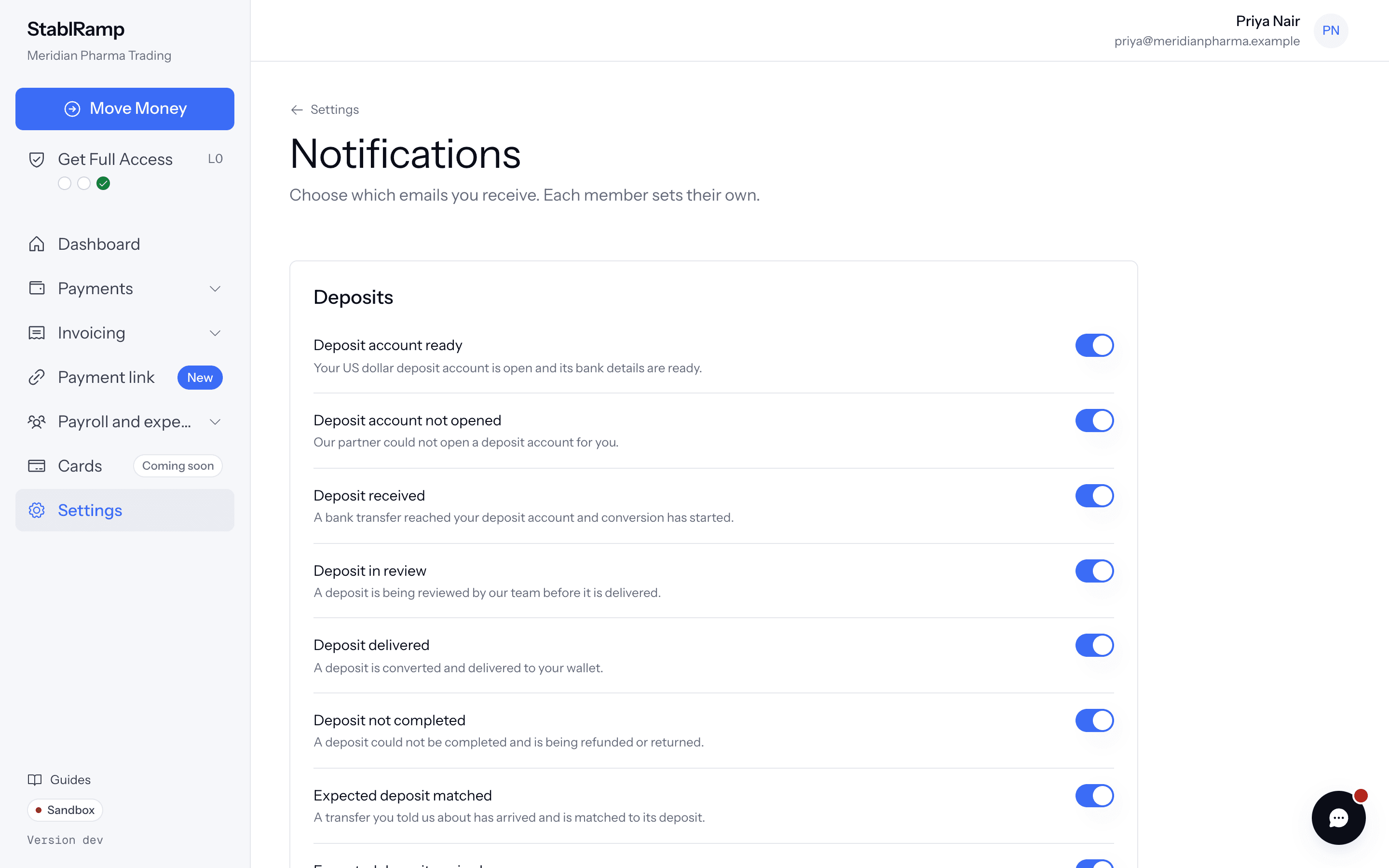 The Notifications settings page with switches grouped under Deposits and Support, and two groups marked Coming later.