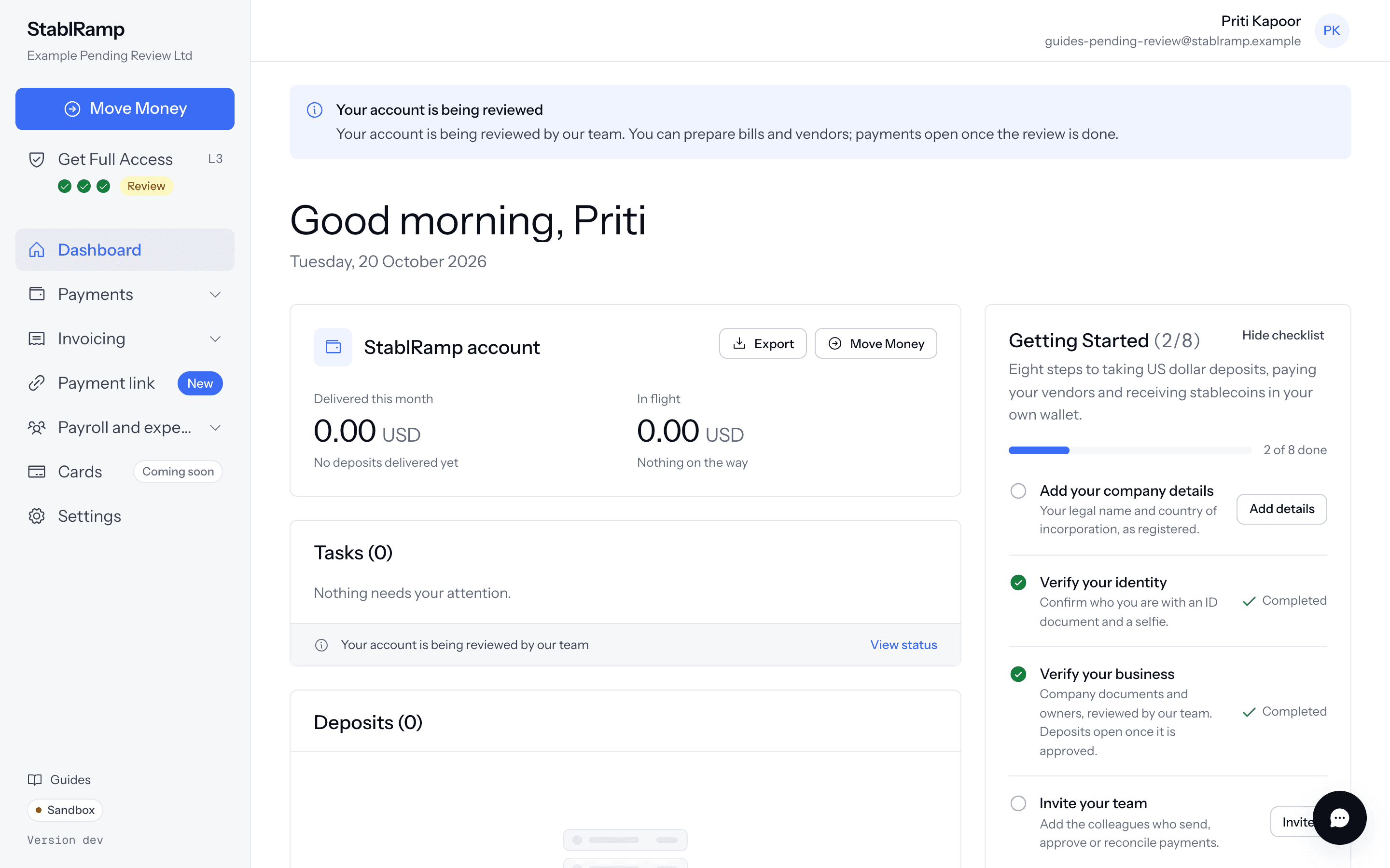 The operating approval banner under the page header, reading that the account is being reviewed by the team, above the dashboard.