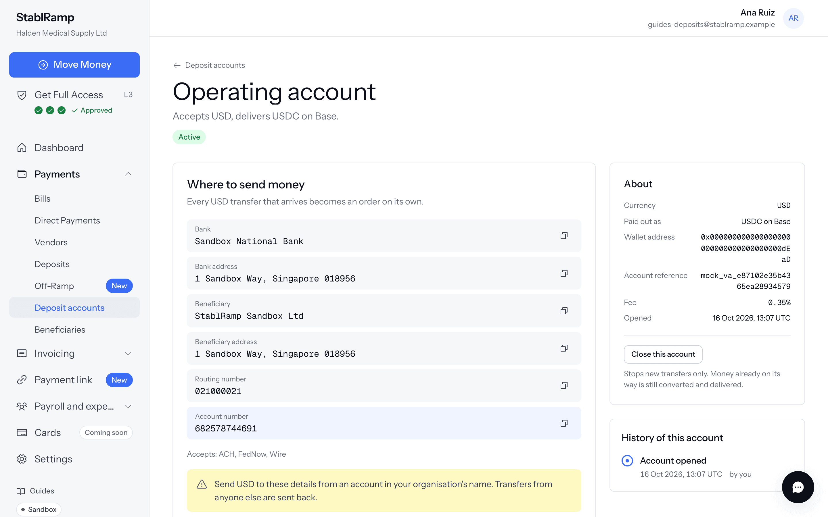 A USD deposit account page with the bank, beneficiary, routing number and highlighted account number, and an About card on the right.