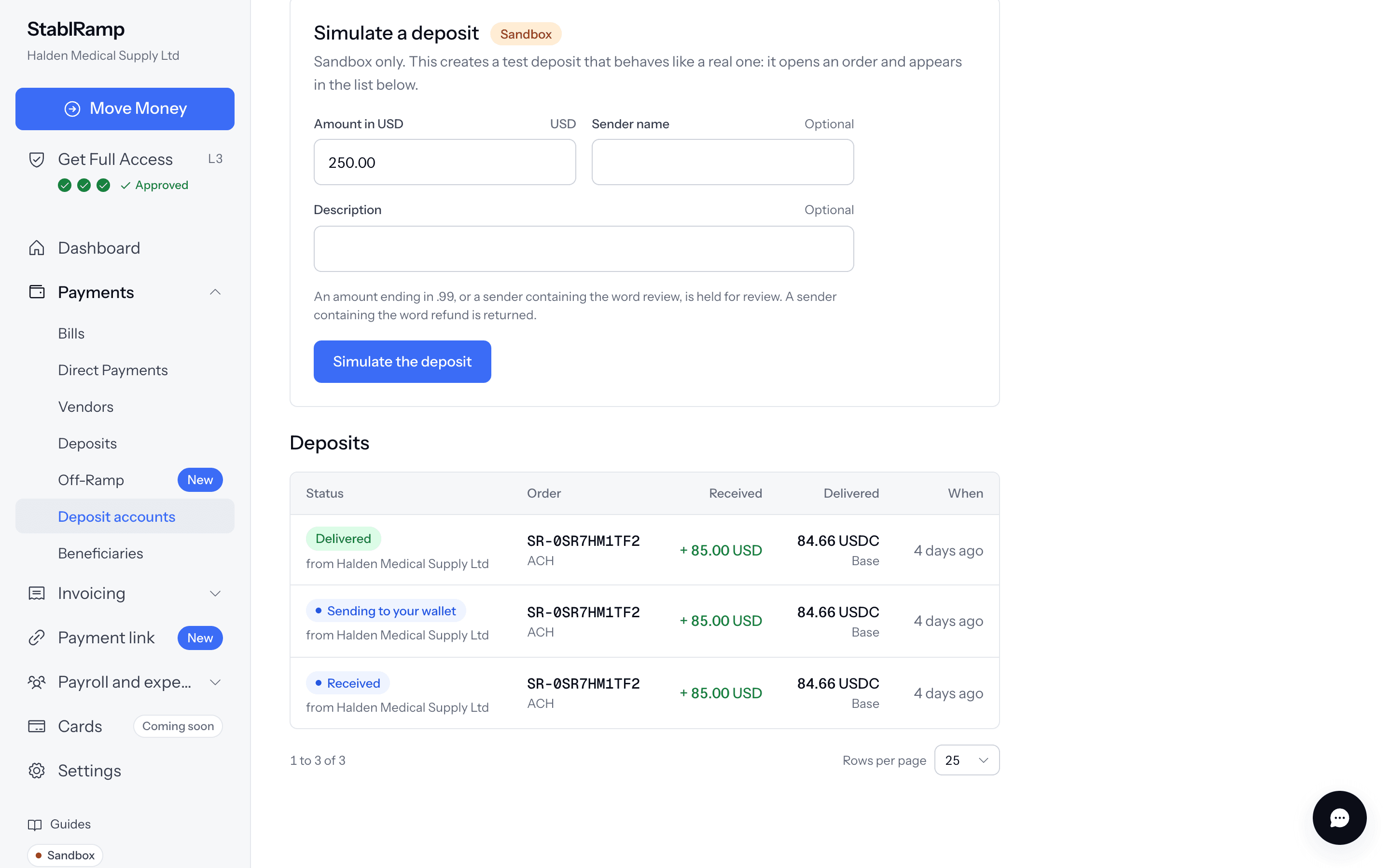 The Deposits table of a deposit account with funds received and payment processed rows, the order reference and the received and delivered amounts.