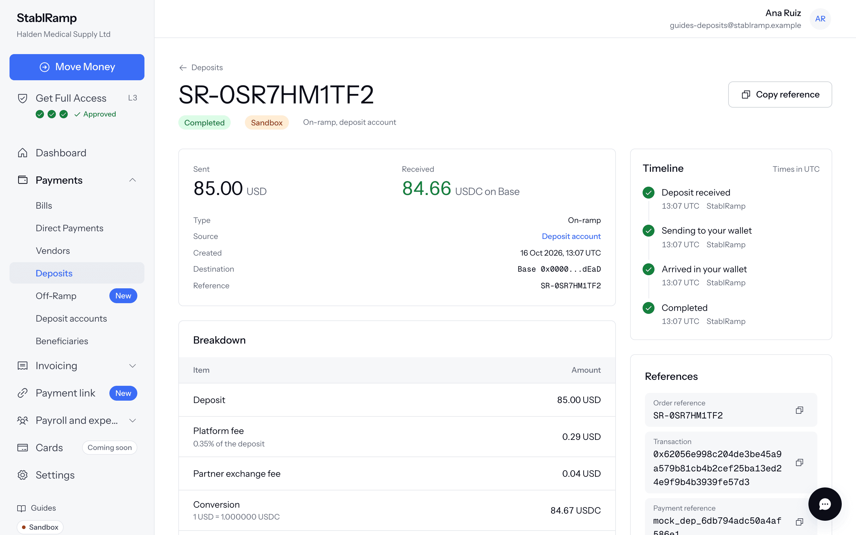 A completed order that came from a deposit account, with a Sandbox tag next to its status and Deposit account as its source.