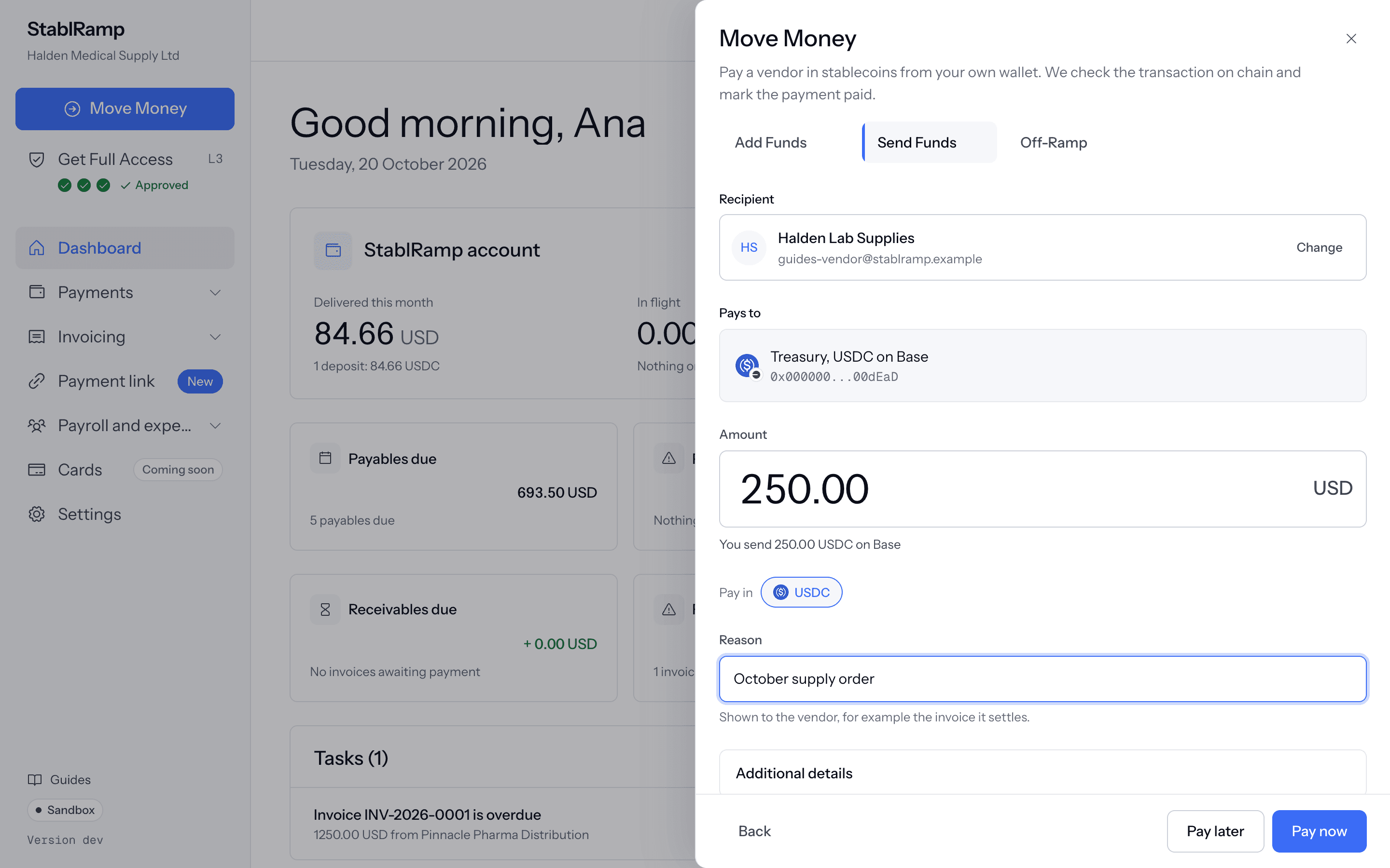 The Send Funds tab with a vendor chosen, its wallet payment method, an amount entered, and the reason field.