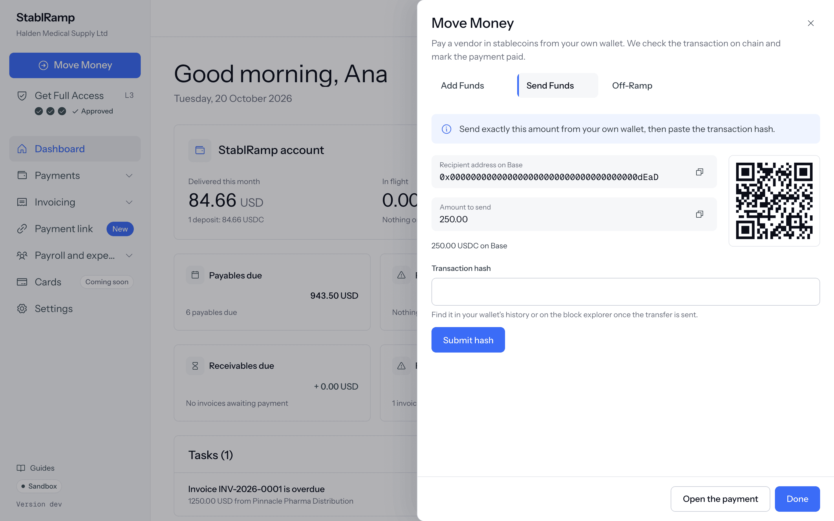 The pay-from-wallet step with the recipient's address, a QR code, the amount to send, and a field for the transaction hash.