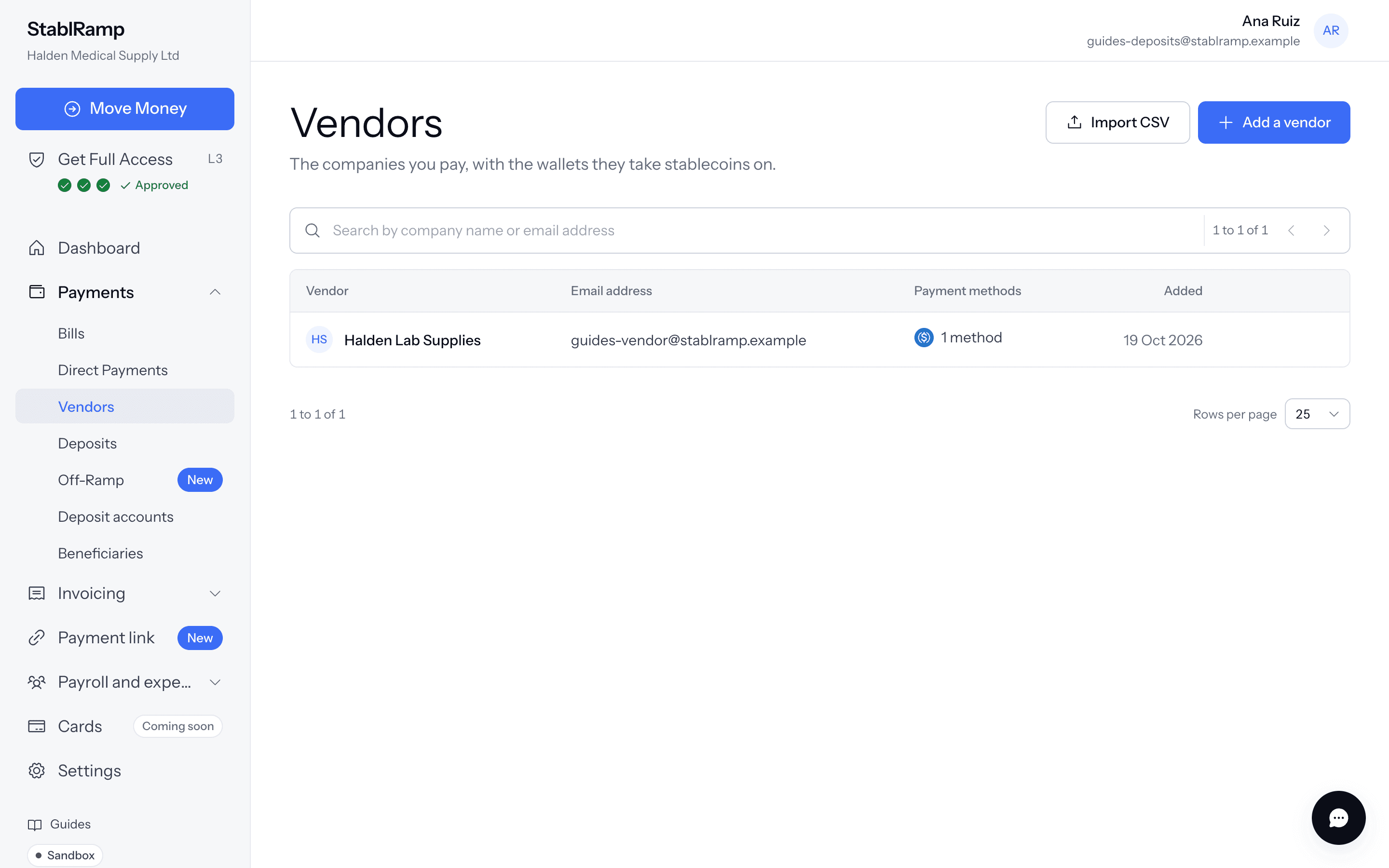 The Vendors list with columns for vendor, email address, payment methods and date added, and an Add a vendor button.
