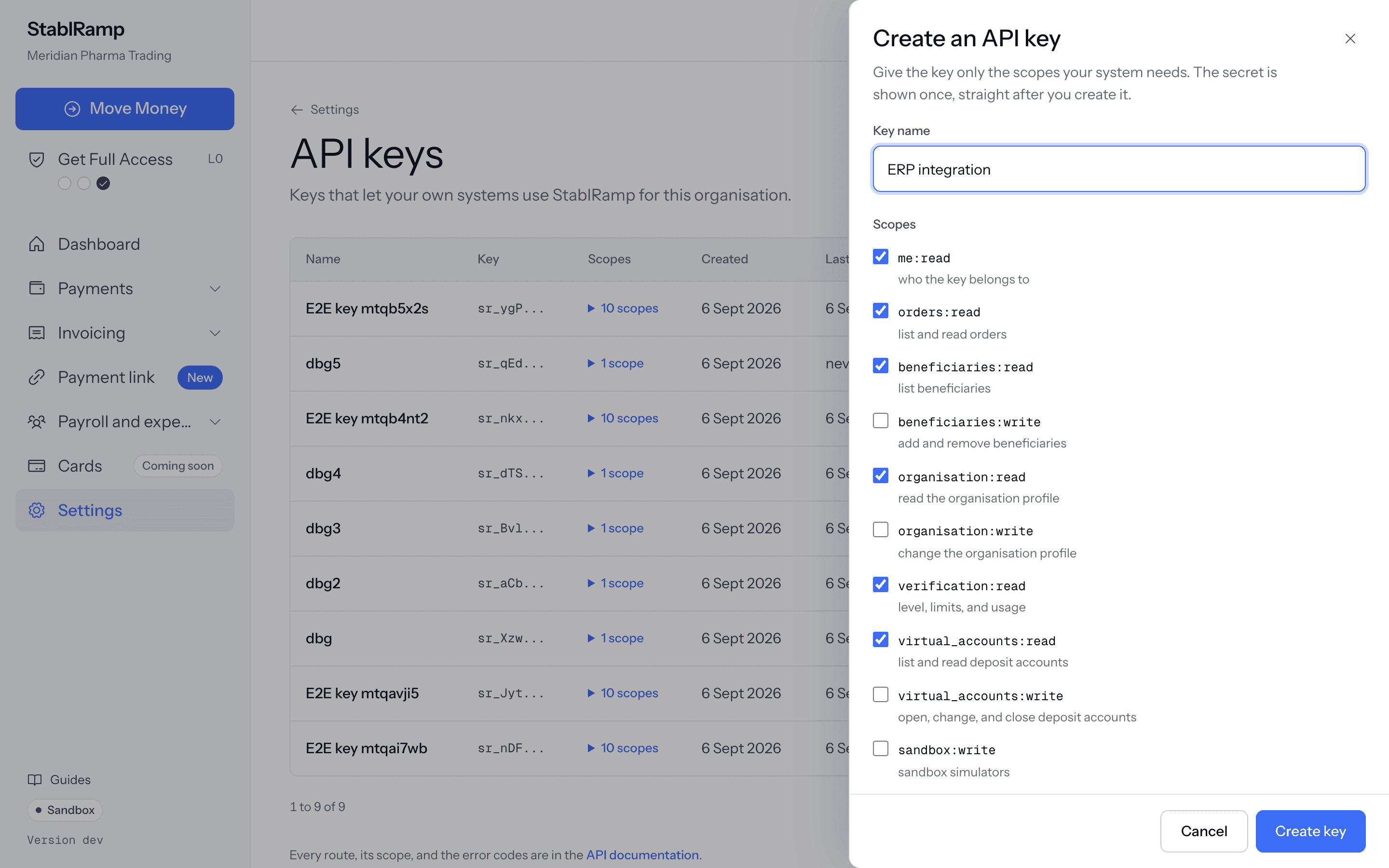 The create key form with a key name, a list of scope checkboxes with descriptions, and an expiry select.