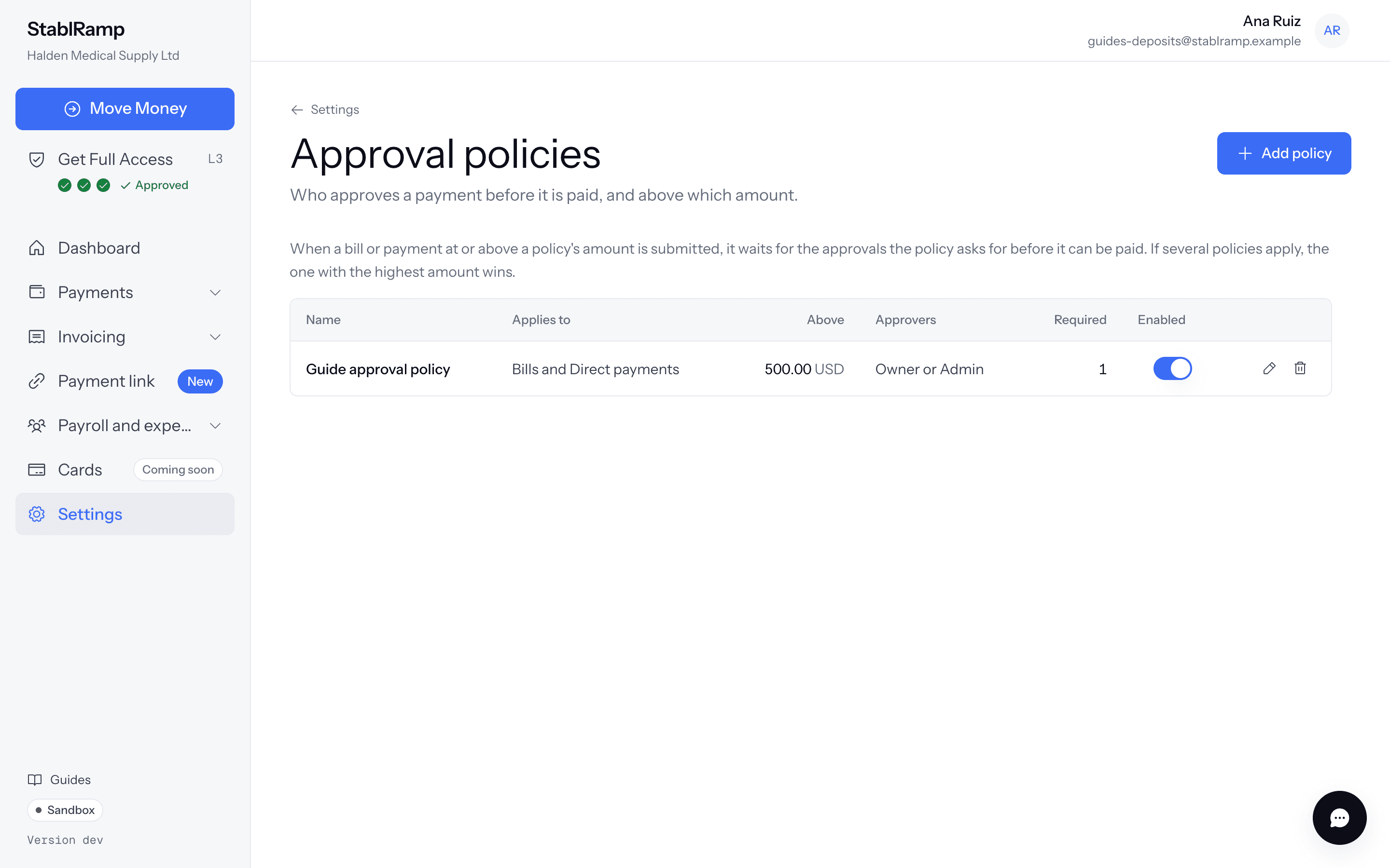 The Approval policies list with columns for name, what it applies to, the amount it starts above, approvers, how many are required, and whether it is enabled.