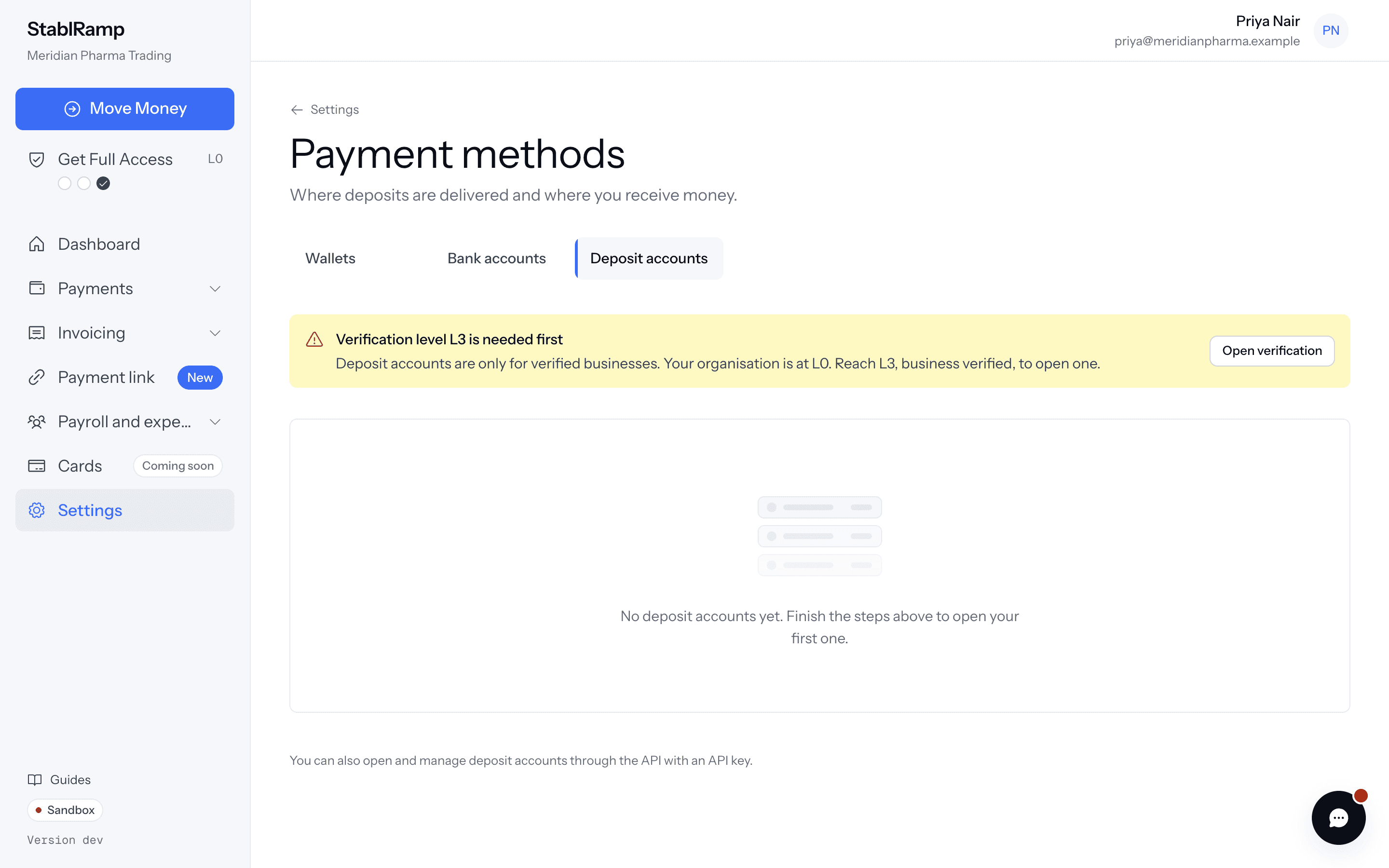 The Deposit accounts tab of the Payment methods settings page for an organisation at L0, with a notice that verification level L3 is needed first.