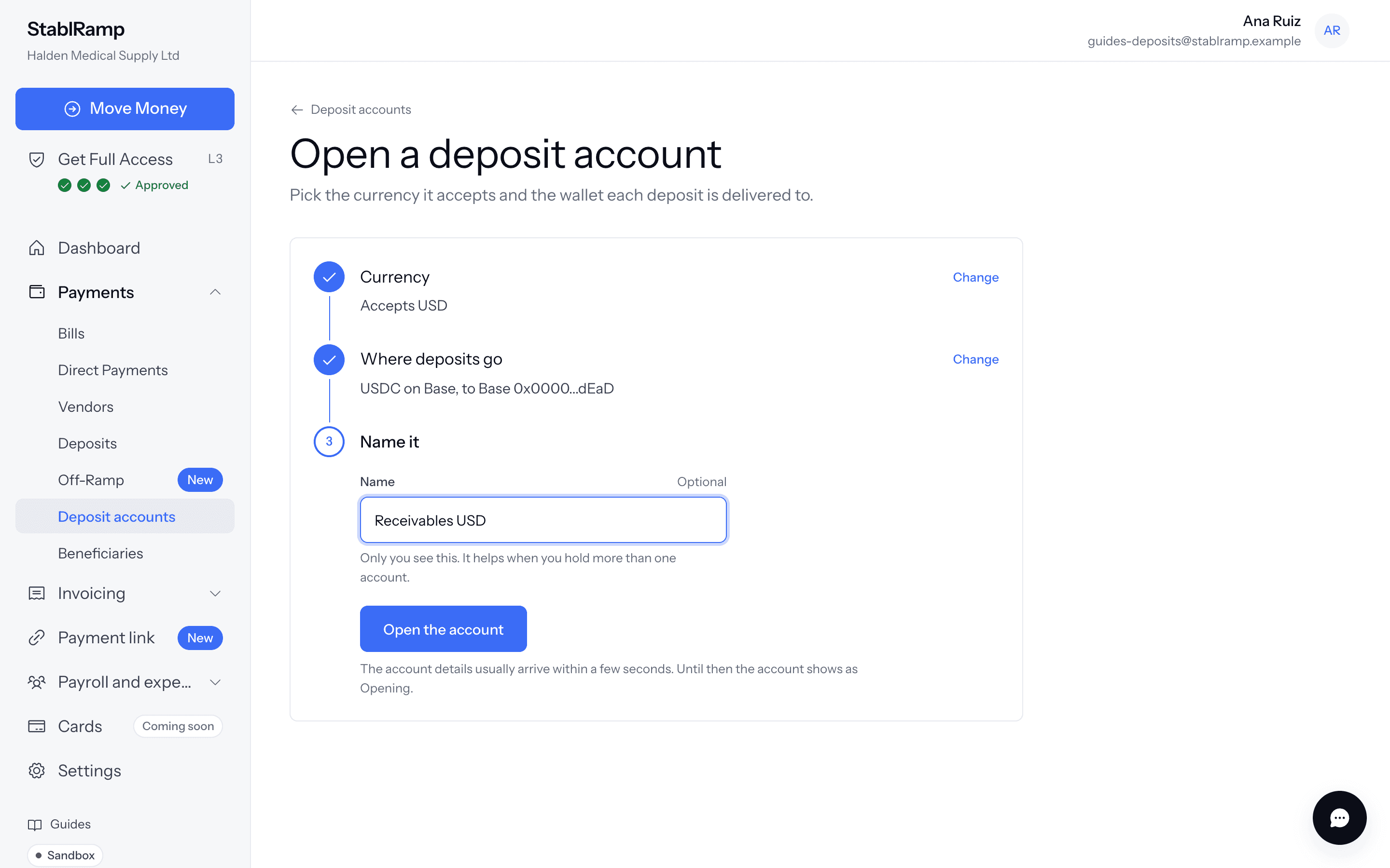 The Open a deposit account stepper with USD chosen, a Base wallet chosen as the destination, and the Name it step open.