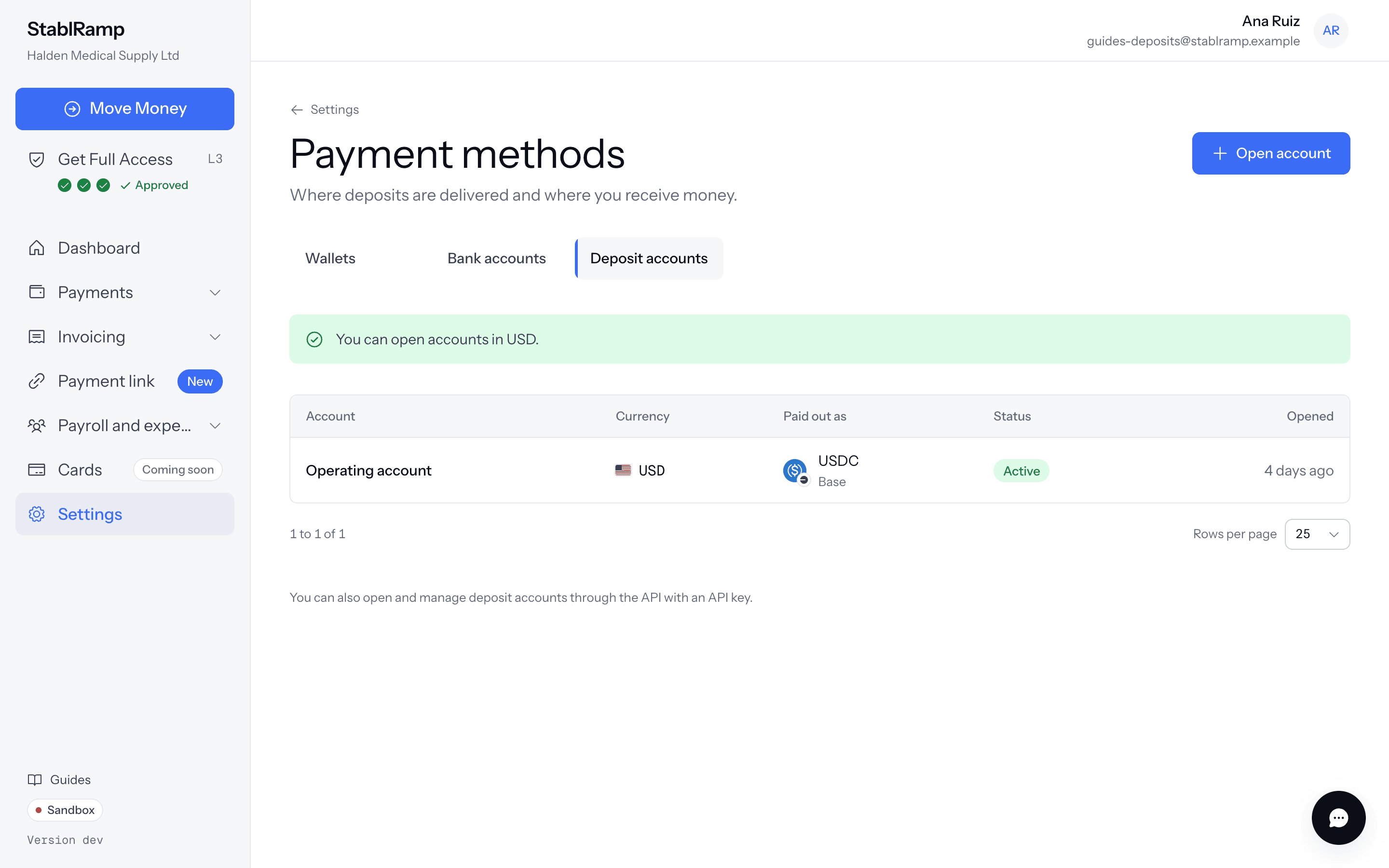The Deposit accounts tab of Payment methods listing an active USD account that delivers USDC on Base.