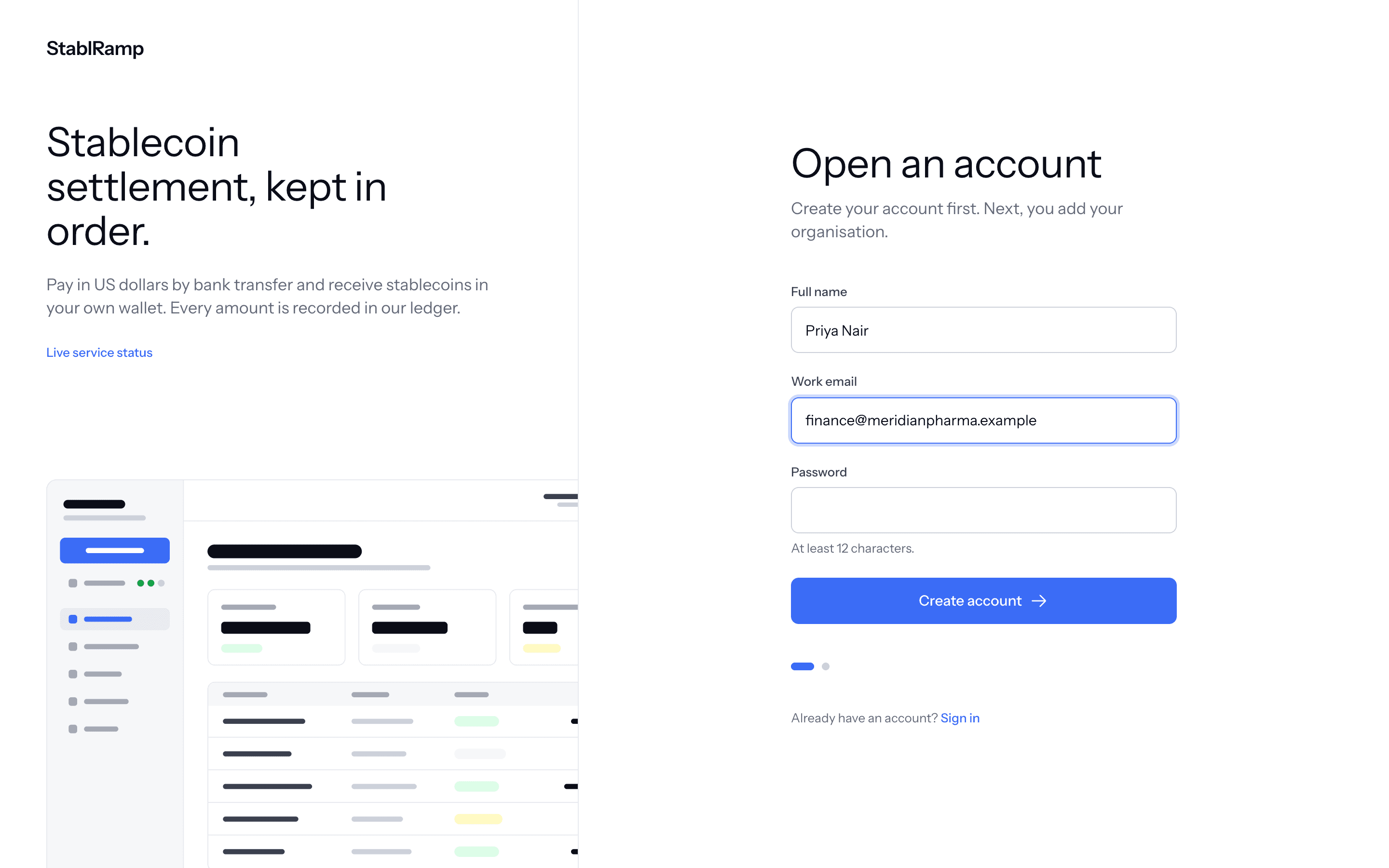 The Open an account form with fields for full name, work email and password, and a Create account button.