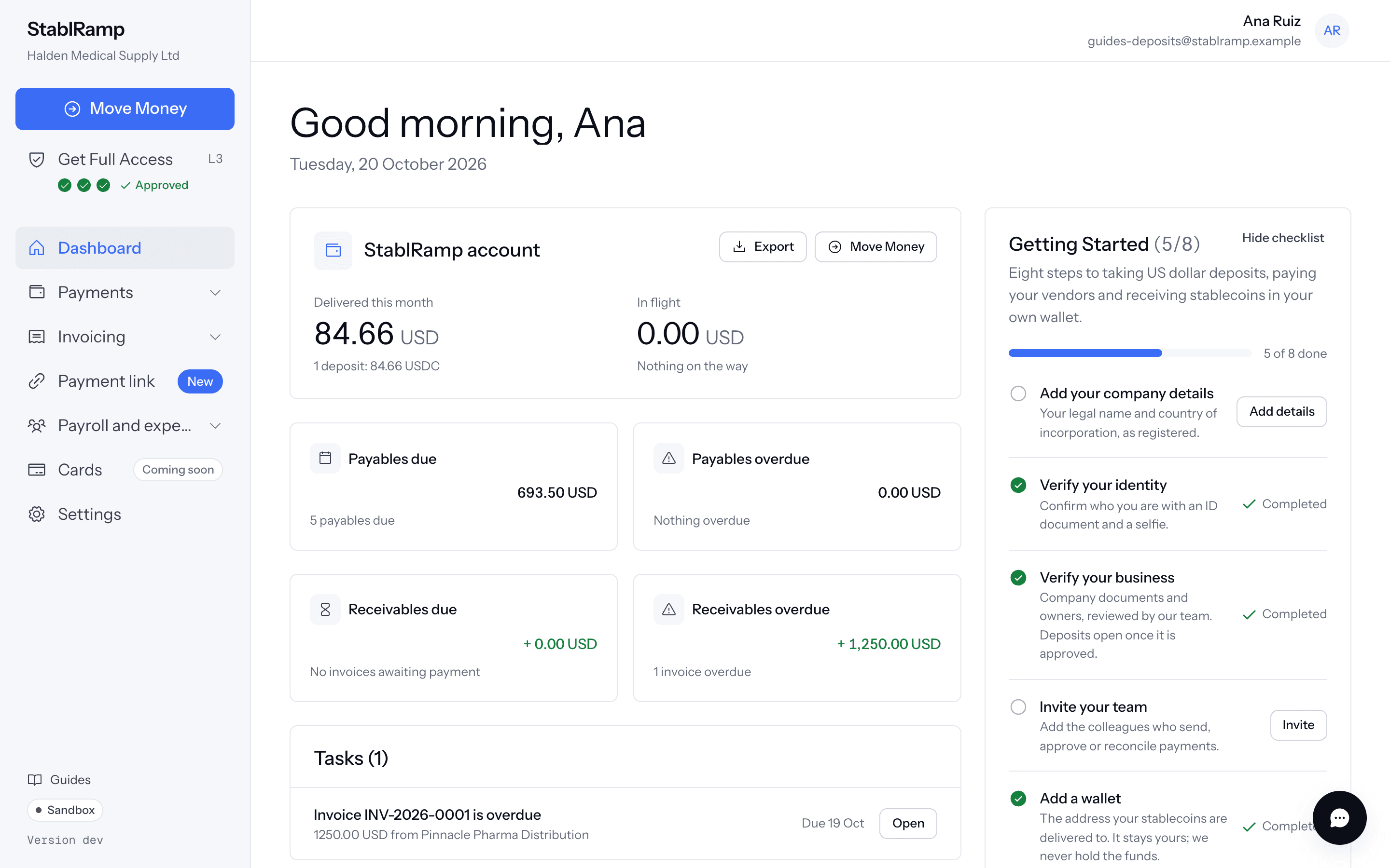 The dashboard with the StablRamp account totals, Tasks and Deposits, the Getting Started checklist beside them, and the sidebar on the left.