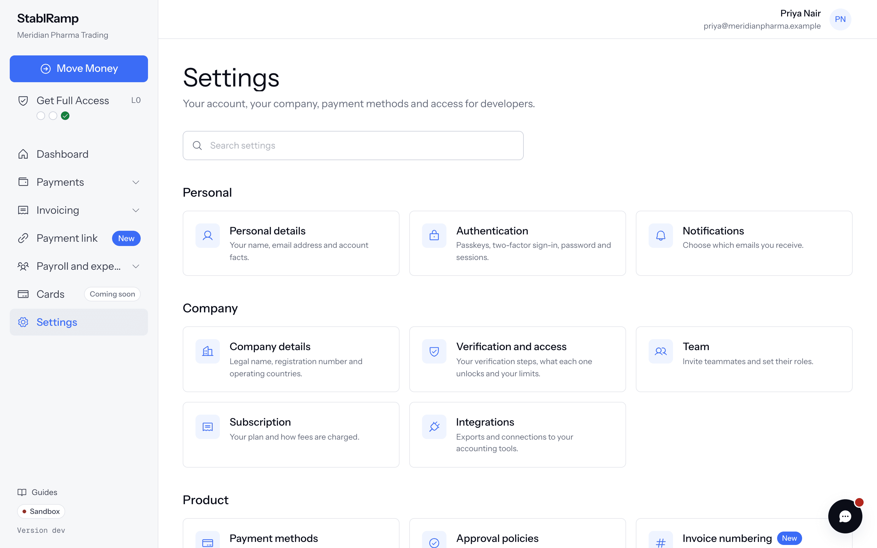 The Settings grid with cards grouped under Personal, Company, Product, Developers and Support, above a search field.
