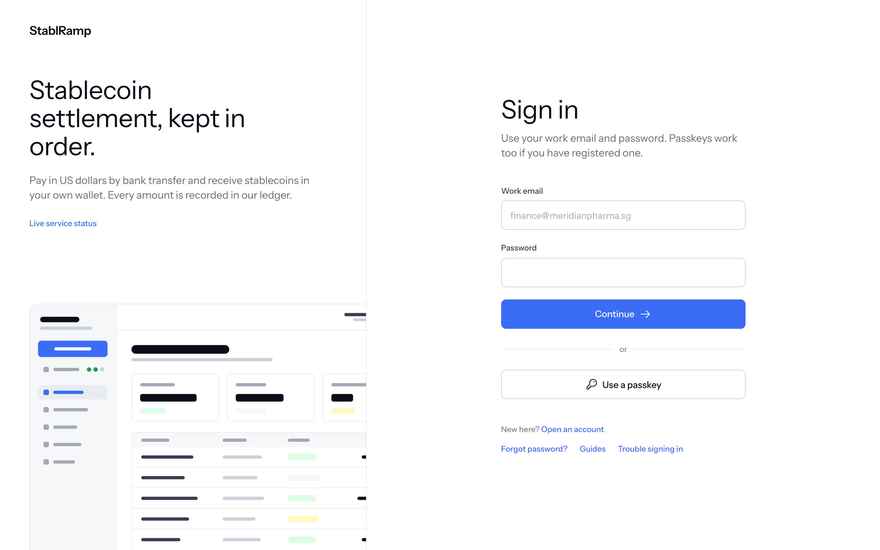 The sign-in page with work email and password fields, a Continue button and a Use a passkey button.