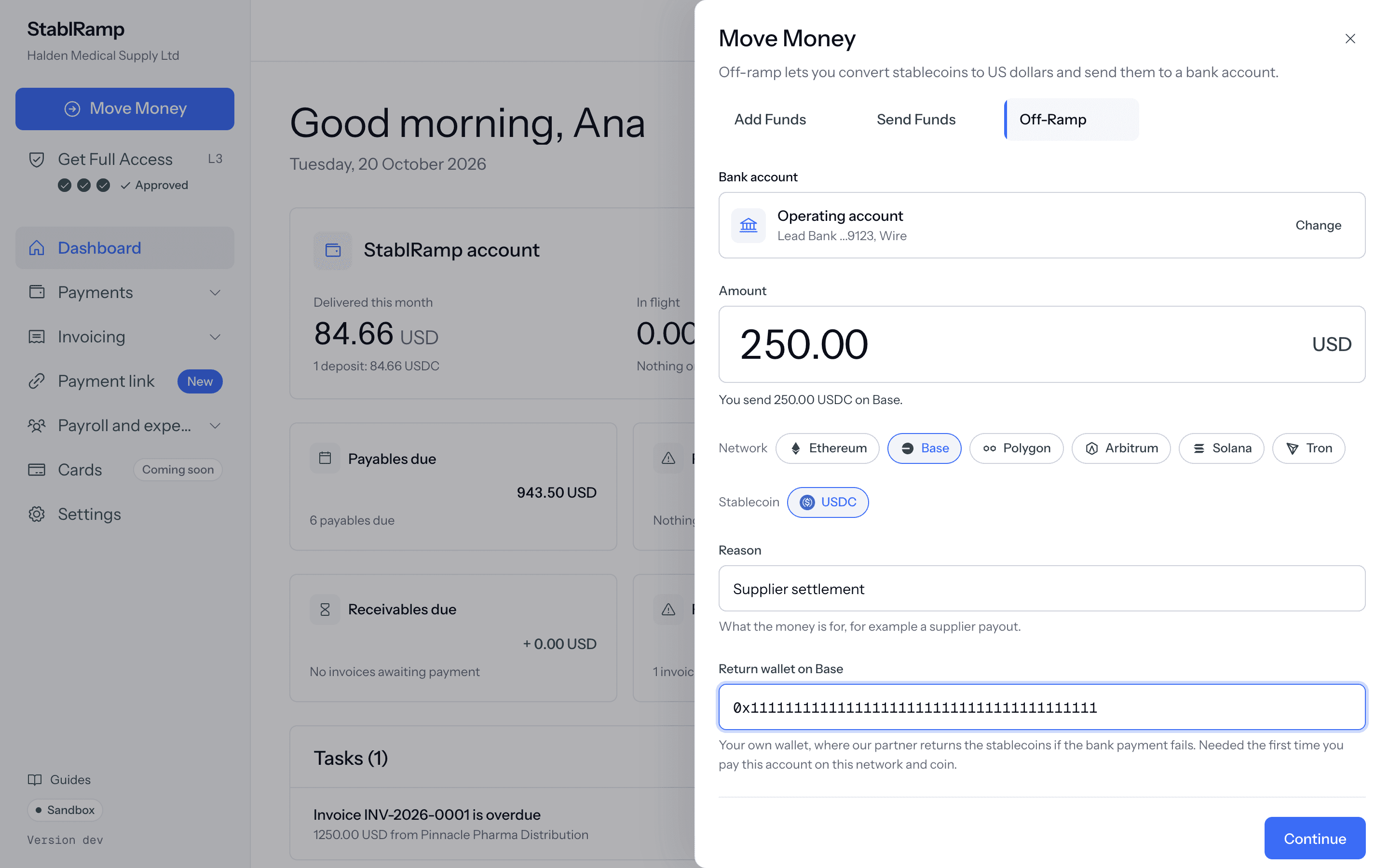 The Off-Ramp tab of Move Money with a saved bank account chosen, an amount, the network and stablecoin chips and the reason.