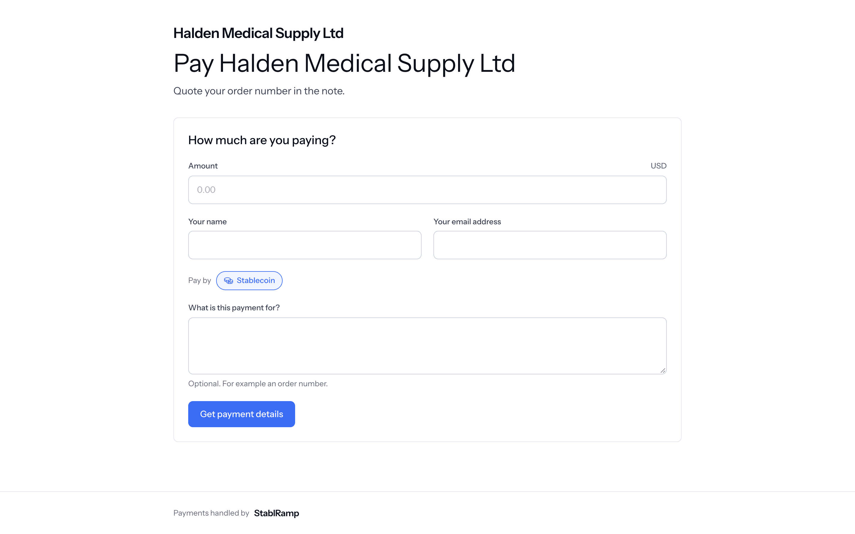 The public payment link page with a heading and message, and a form asking how much the payer is paying, their name, email and payment method.