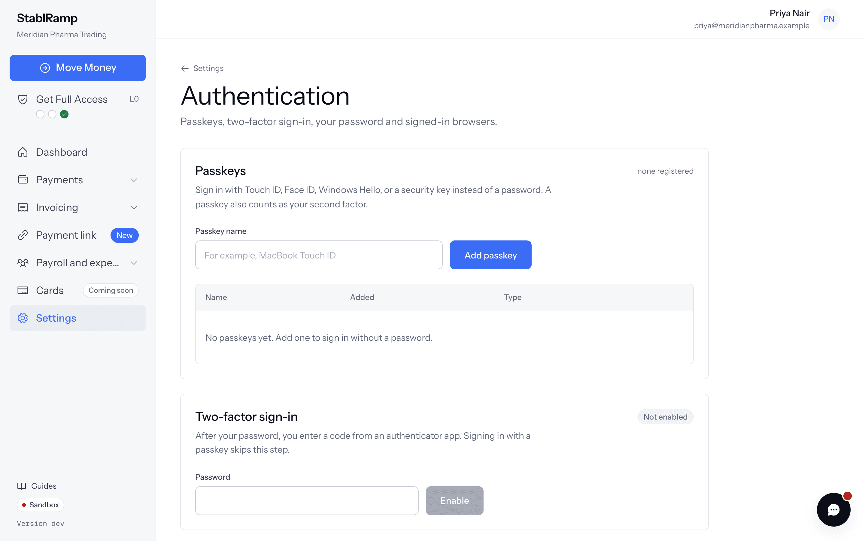 The Authentication settings page with the Passkeys section, the Two-factor sign-in section and its Enable button.