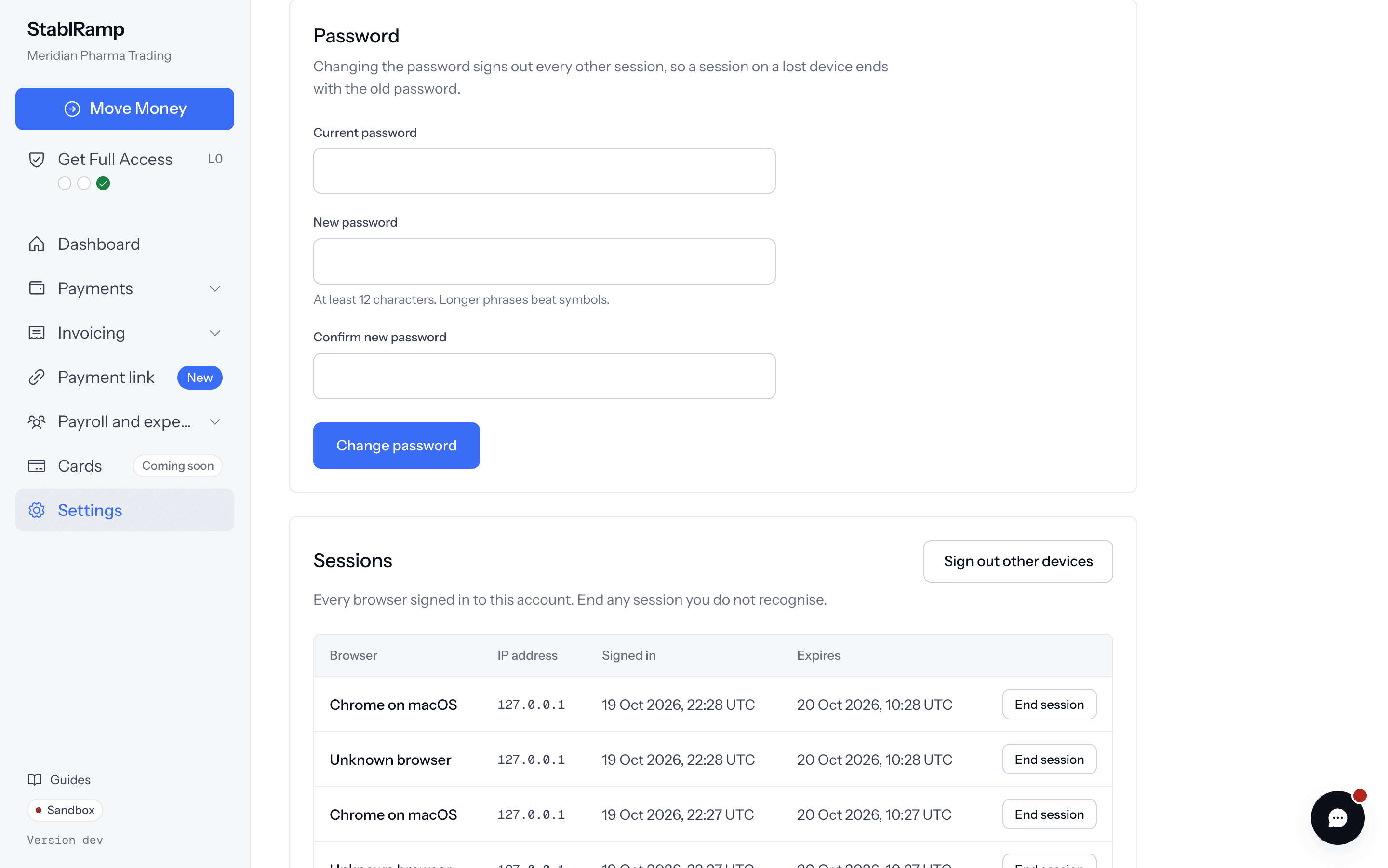 The Password and Sessions sections of the Authentication settings, listing signed-in browsers with an End session button each.