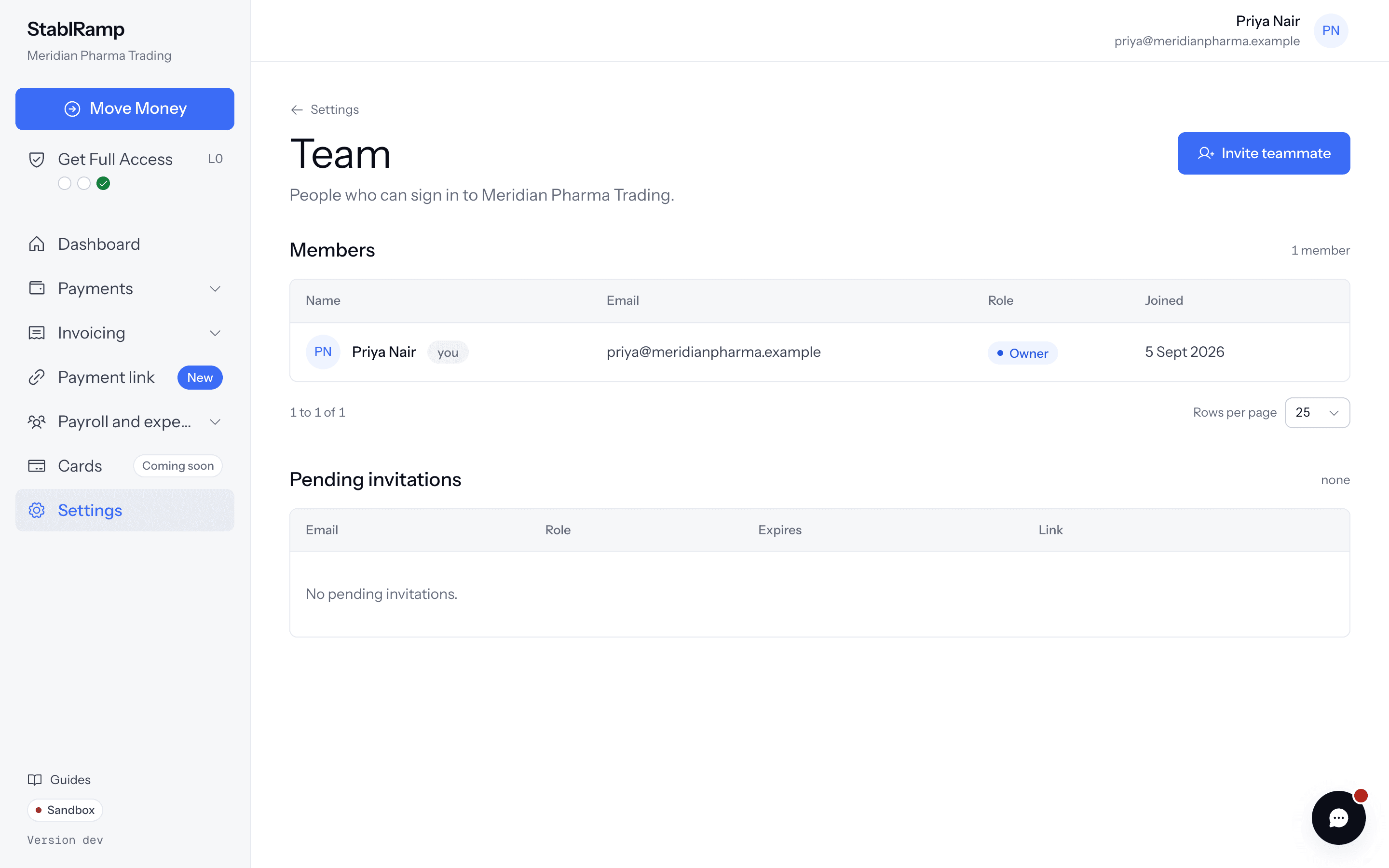 The Team settings page listing members with name, email, role and join date, and an Invite teammate button.