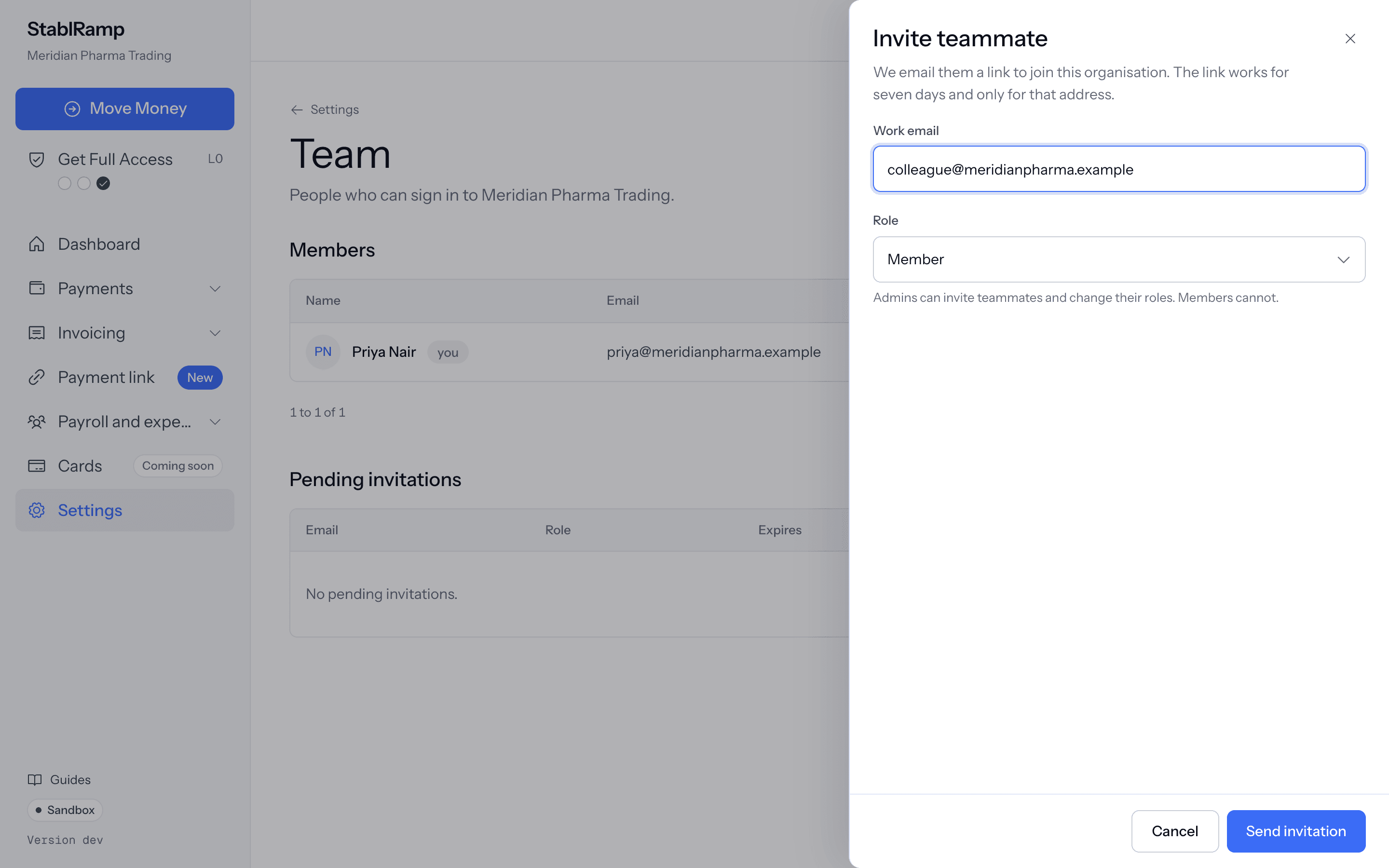 The invite form on the Team page with work email and role fields and a Send invitation button.