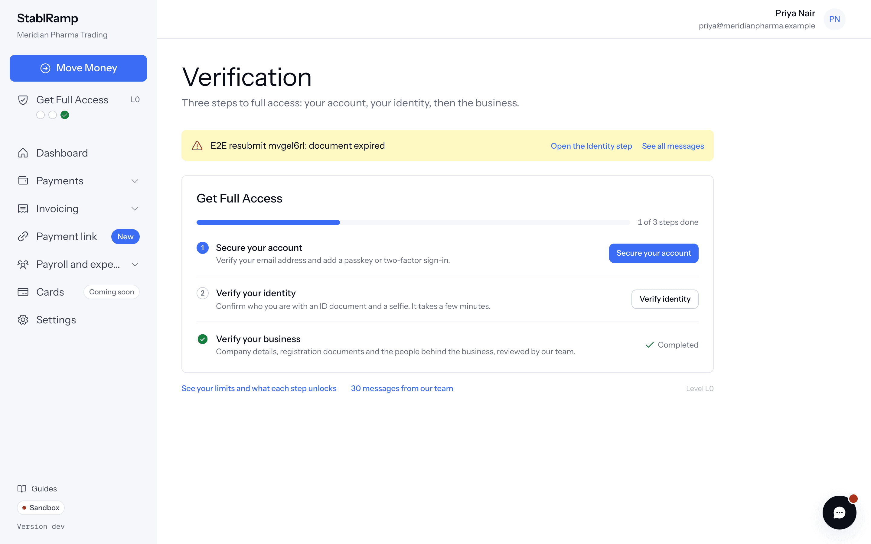 The Verification overview as a numbered checklist of the three steps to full access, with a link to Your limits below it.