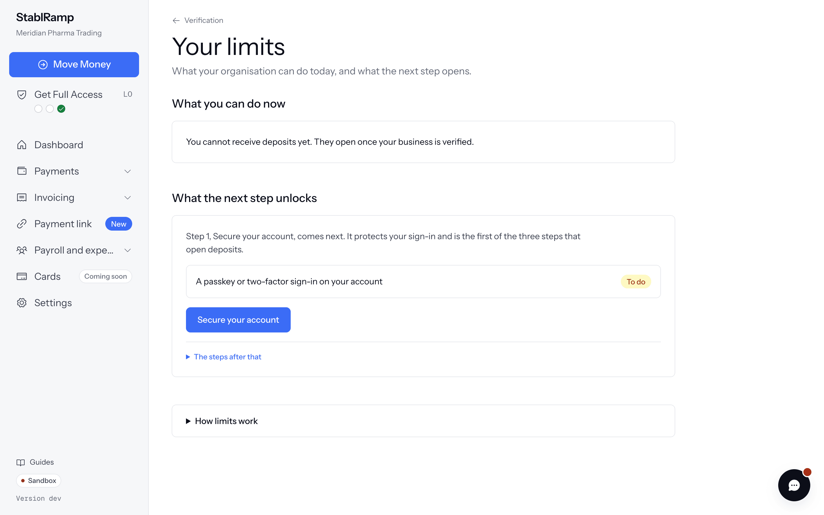 The Your limits page with What you can do now at the top and What the next step unlocks below it, listing that step's requirements.